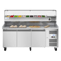 79 in. Three-Door Commercial Refrigerated Granite Top Pizza Prep Station With a Refrigerated Stainless-Steel Condiment Pan Holder