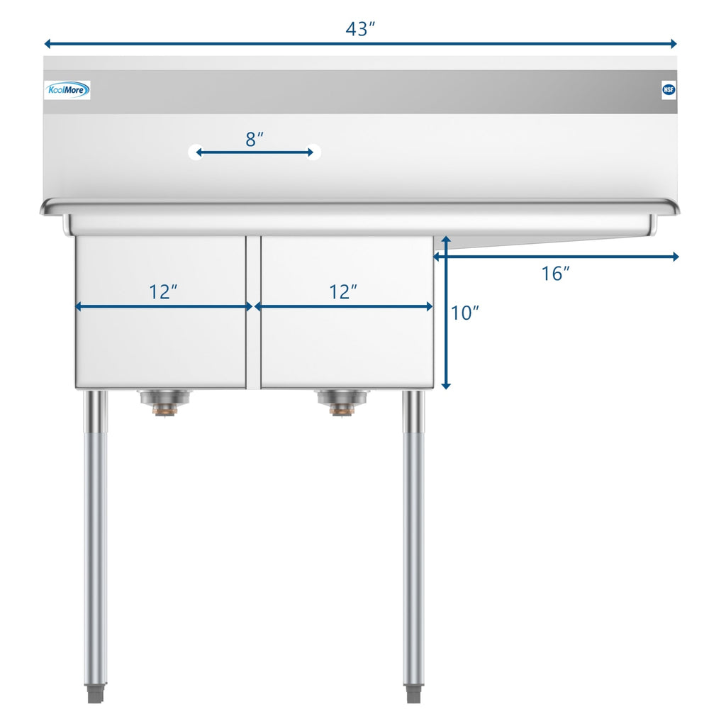 43 in. Two Compartment Stainless Steel Commercial Sink with Drainboard, Bowl Size 12"x 16"x 10"