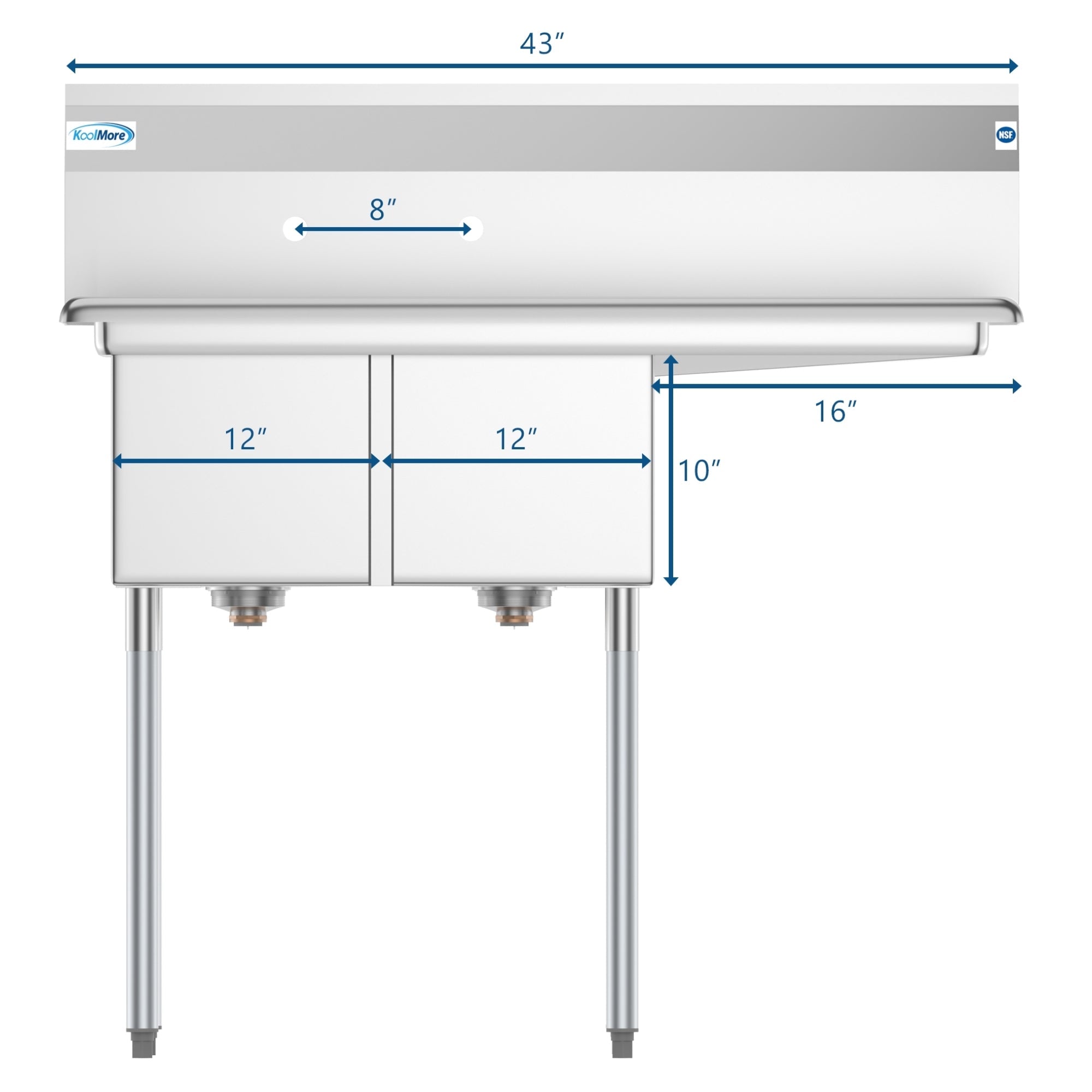 43 in. Two Compartment Stainless Steel Commercial Sink with Drainboard, Bowl Size 12"x 16"x 10"