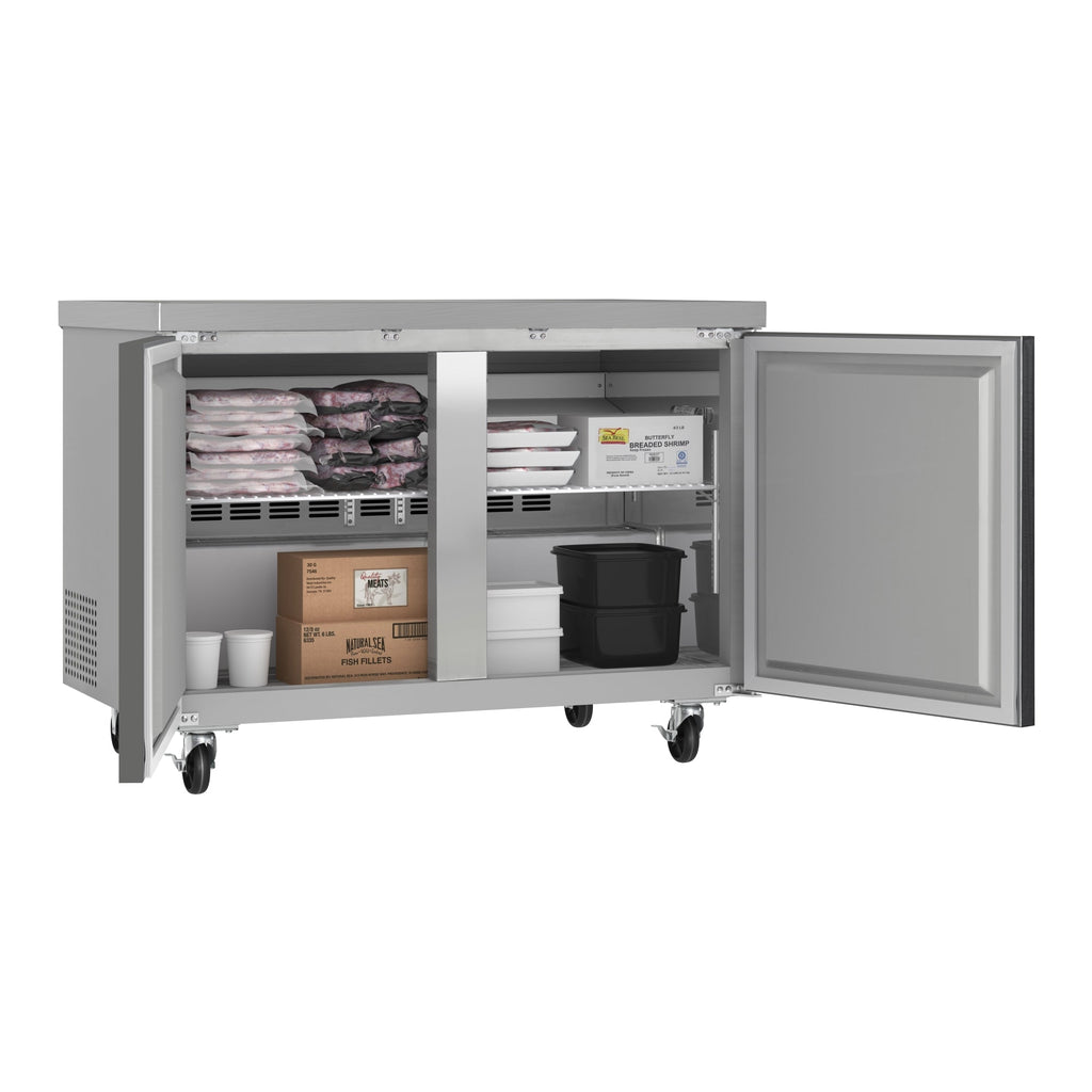 48 in. Two-Door Commercial Undercounter Freezer in Stainless Steel with Casters, ETL Listed