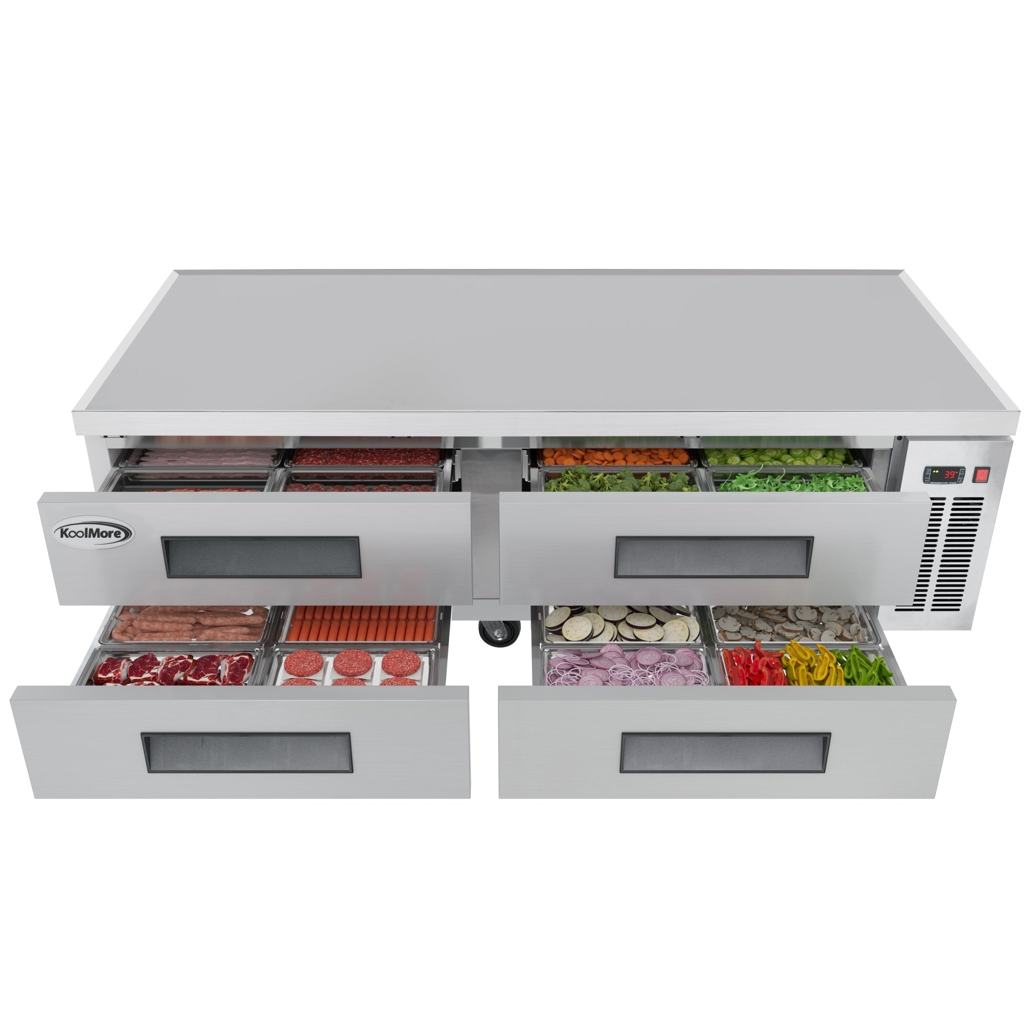 72 in. Commercial Chef Base Refrigerator Storage Cabinet for Cold Foods, Fresh Ingredients, and Condiments, Refrigerated Pull-Out Drawers, Rolling Caster Wheels, ETL Listed