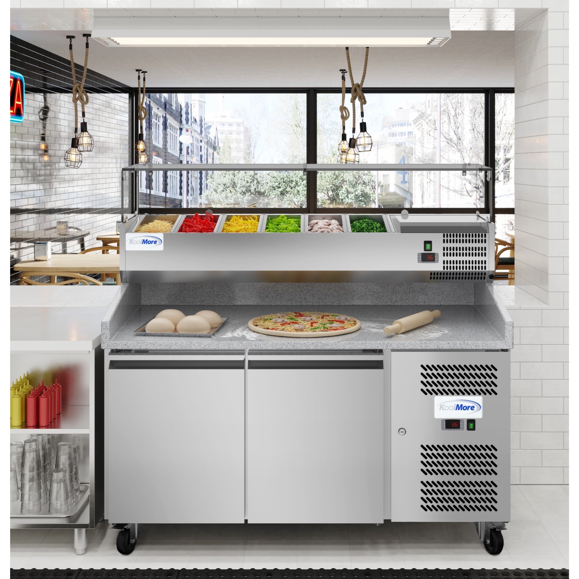 59 in. Commercial Refrigerated Granite Top Pizza Prep Station with Stainless Steel Refrigerated Condiment Pan Holder