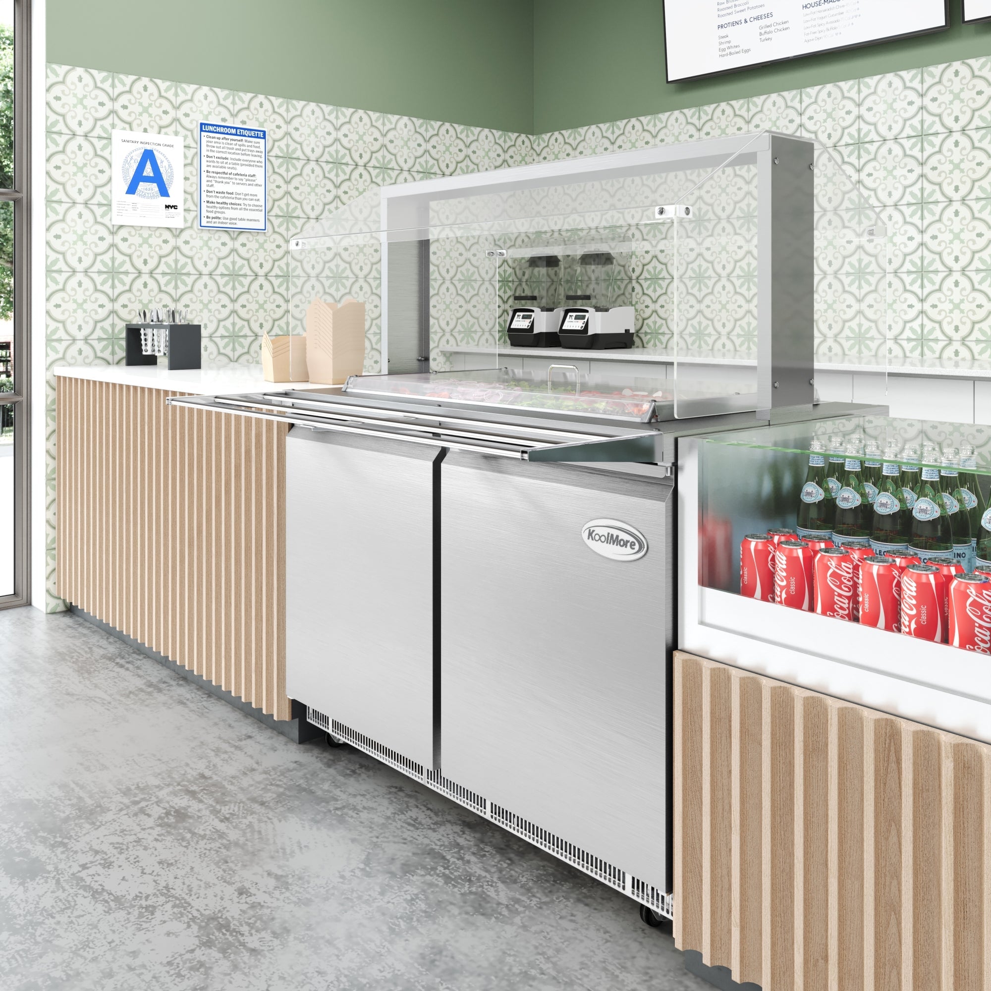 48 in. Commercial Refrigerated Prep Station with Sneeze Guard and Buffet Slide, 9-Pan Capacity (Not Included) with Covers and Two Adjustable Shelves in Stainless-Steel, ETL Listed