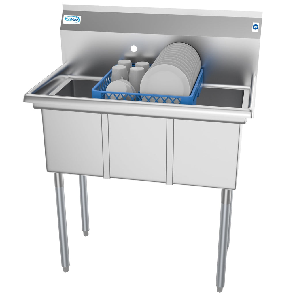 36 in. Three Compartment Stainless Steel Commercial Sink, Bowl Size 10" x 14" x 10"