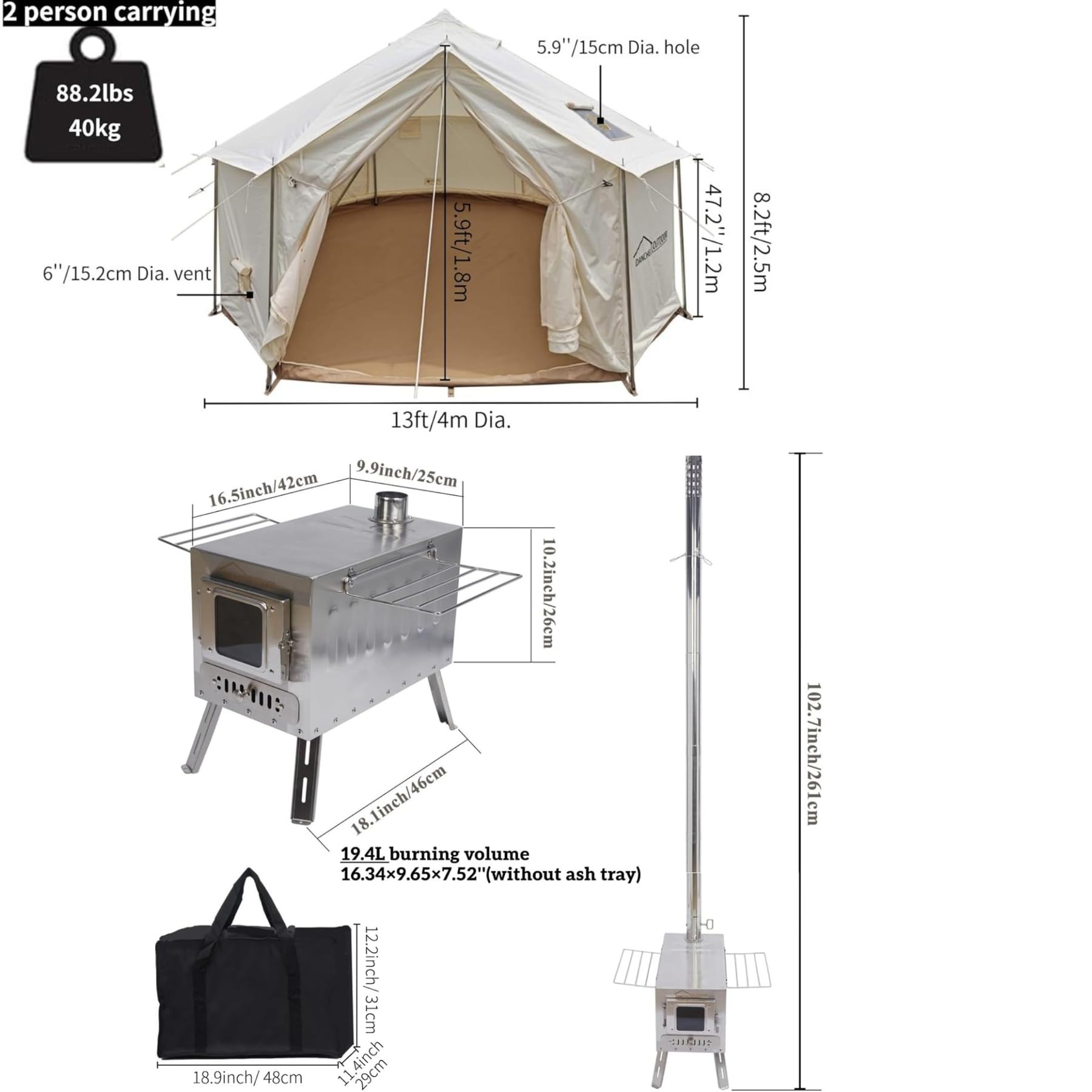 DANCHEL OUTDOOR B6 4 Season Glamping Wall Tent w/Large Wood Stove Camping, No Center Pole, Higher Side Wall, 900D Flame Retardant Oxford for 4 Person Yurt Cabin Tent,13ft/4m