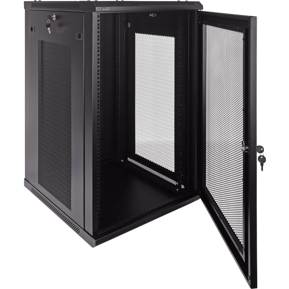 NavePoint 18U Server Rack Enclosure - 23.6” Deep, Wall Mount Network Cabinet with Locking Perforated Door, 19” IT Equipment Compatible, Network Rack, Removable Side Panels, Black