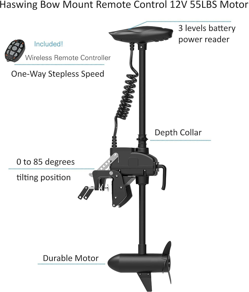 AQUOS Haswing CaymanT Transom Trolling Motor with Wireless Remote & Wireless Foot Control- 55 Lb. Thrust, 39 in. Shaft, Saltwater & Freshwater