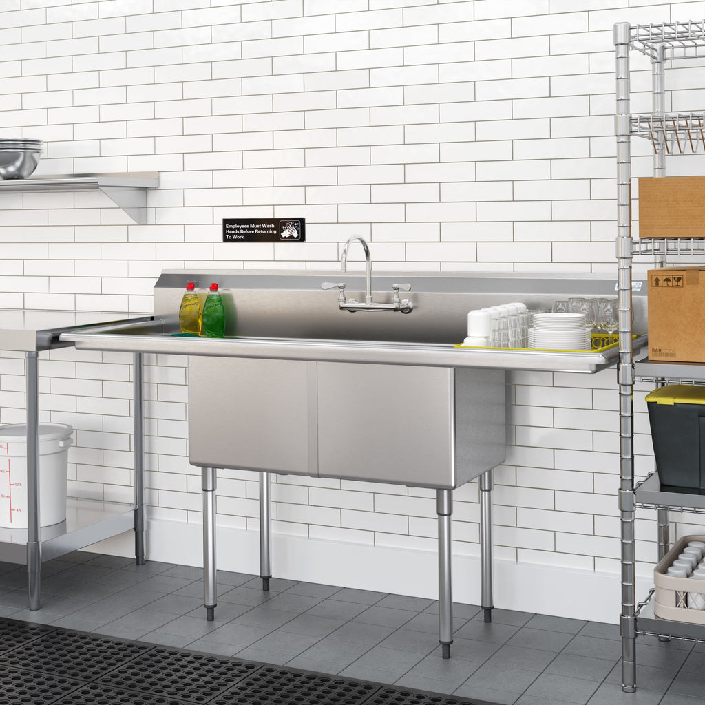 72 in. 18-Gauge 2-Compartment Commercial Sink with Backsplash and Dual 18 in. Drainboards, Bowl Dimensions 18"x18"x14" in Stainless-Steel