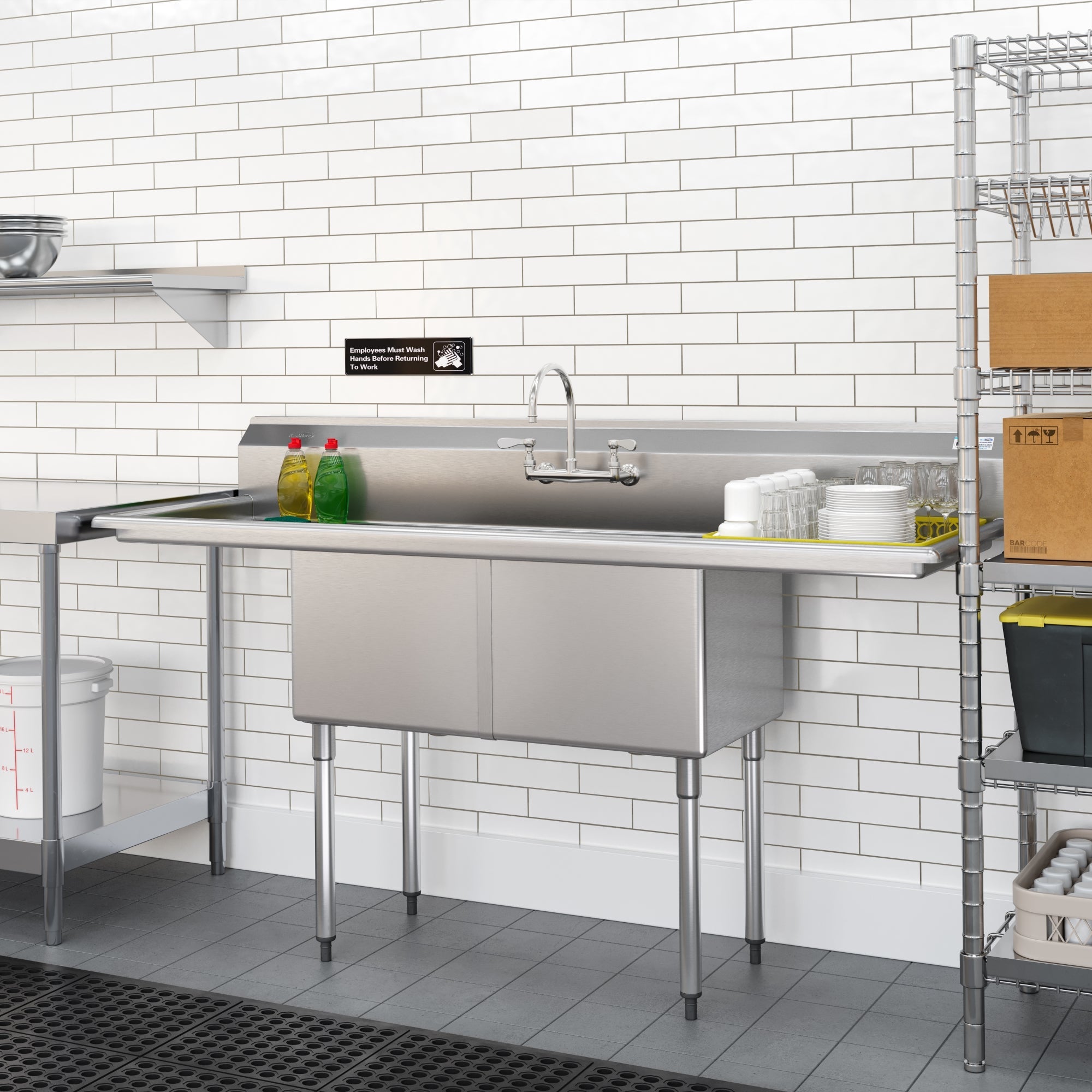 72 in. 18-Gauge 2-Compartment Commercial Sink with Backsplash and Dual 18 in. Drainboards, Bowl Dimensions 18"x18"x14" in Stainless-Steel