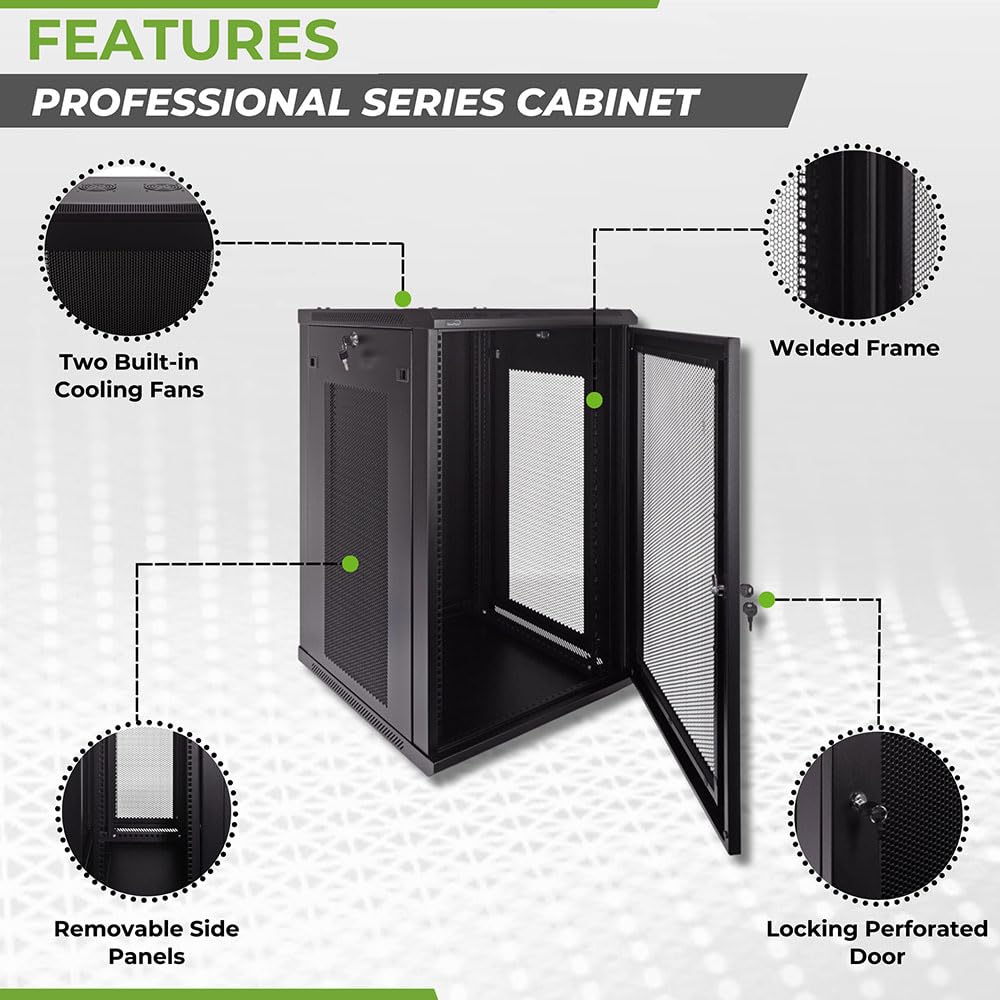 NavePoint 18U Server Rack Enclosure - 23.6” Deep, Wall Mount Network Cabinet with Locking Perforated Door, 19” IT Equipment Compatible, Network Rack, Removable Side Panels, Black