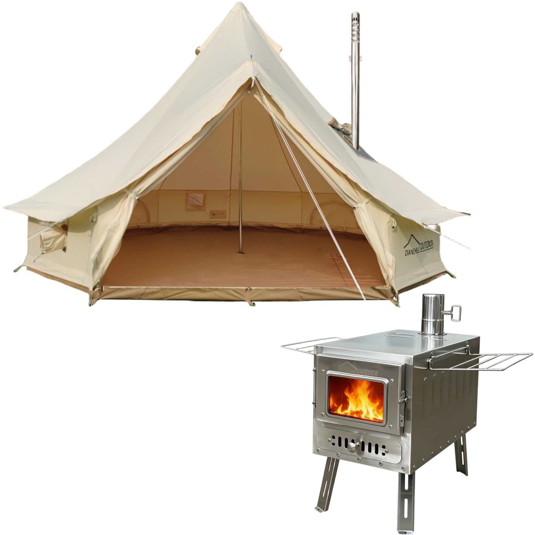 DANCHEL OUTDOOR 4 Season Canvas Yurt Tent with Large Wood Stove, Heavy Duty Bell Tent with Stove Jack 4 Person Winter Camping Glamping, 13ft/4m