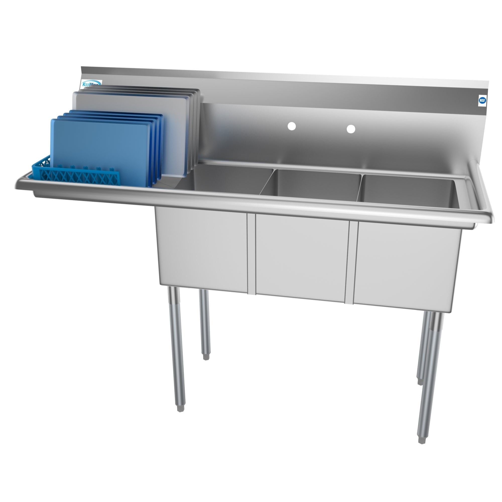 55 in. Three Compartment Stainless Steel Commercial Sink with Drainboard, Bowl Size 12"x 16"x 10"