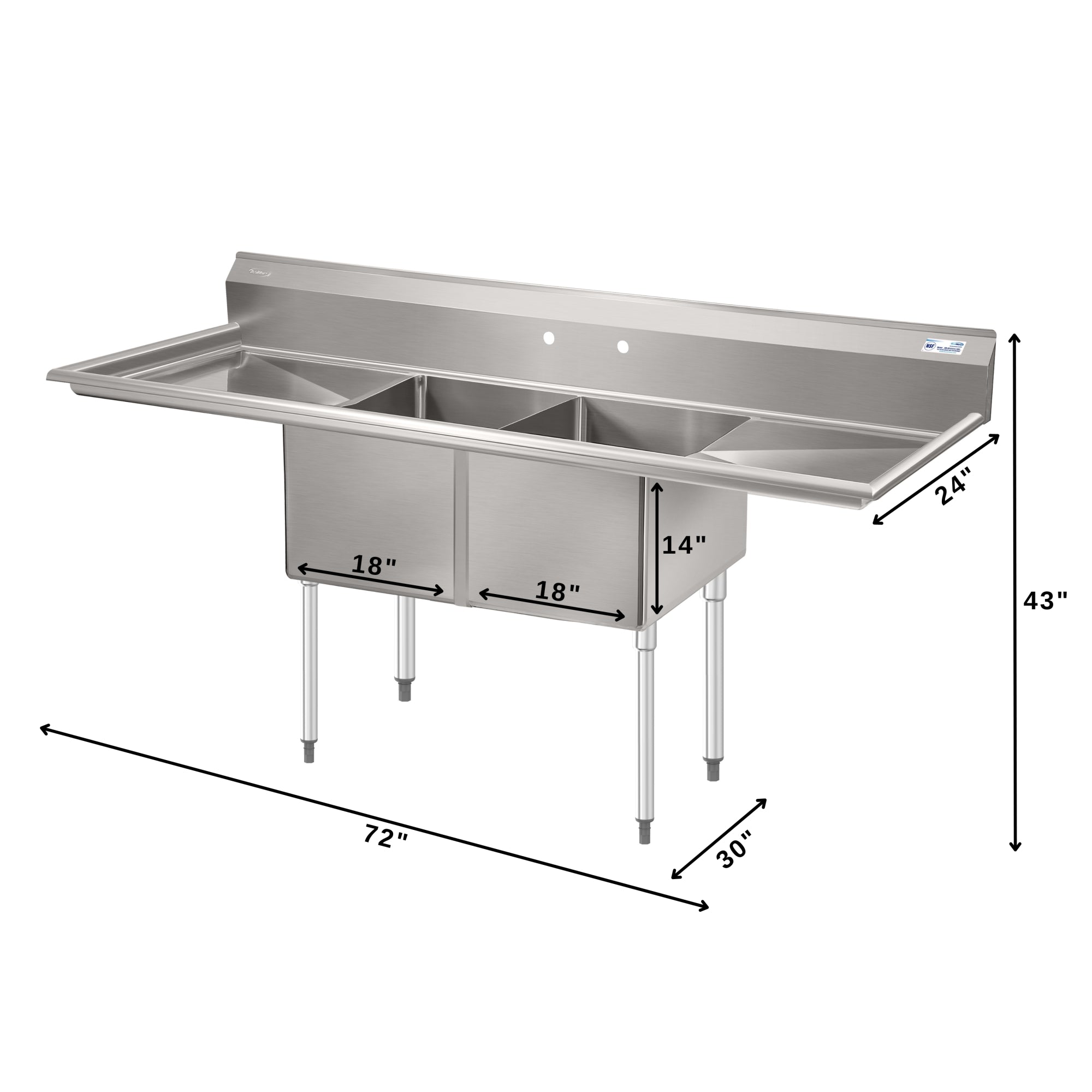 72 in. 18-Gauge 2-Compartment Commercial Sink with Backsplash and Dual 18 in. Drainboards, Bowl Dimensions 18"x18"x14" in Stainless-Steel