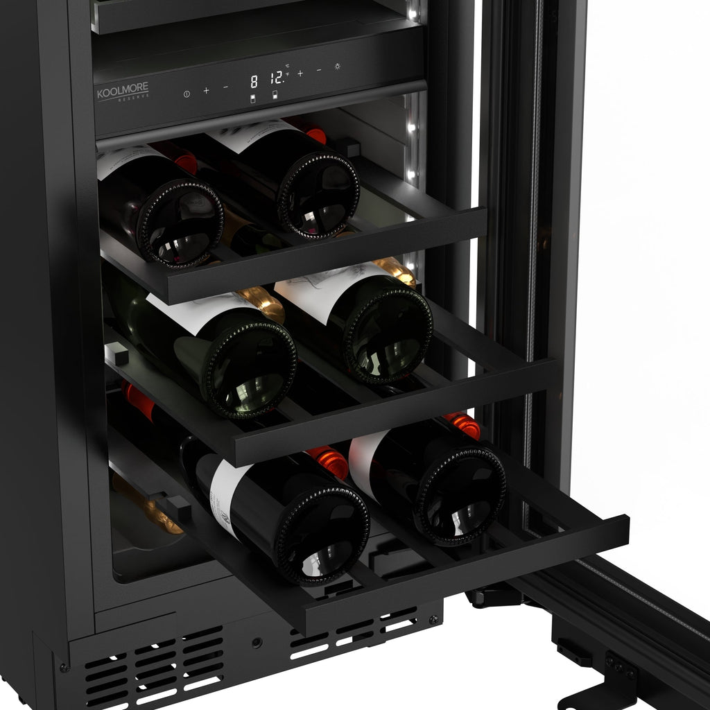 KoolMore Reserve 15 in. Under-Counter Panel Ready Dual Zone Built-in Wine Cooler with Black Shelves and 23 Bottle Capacity in Black