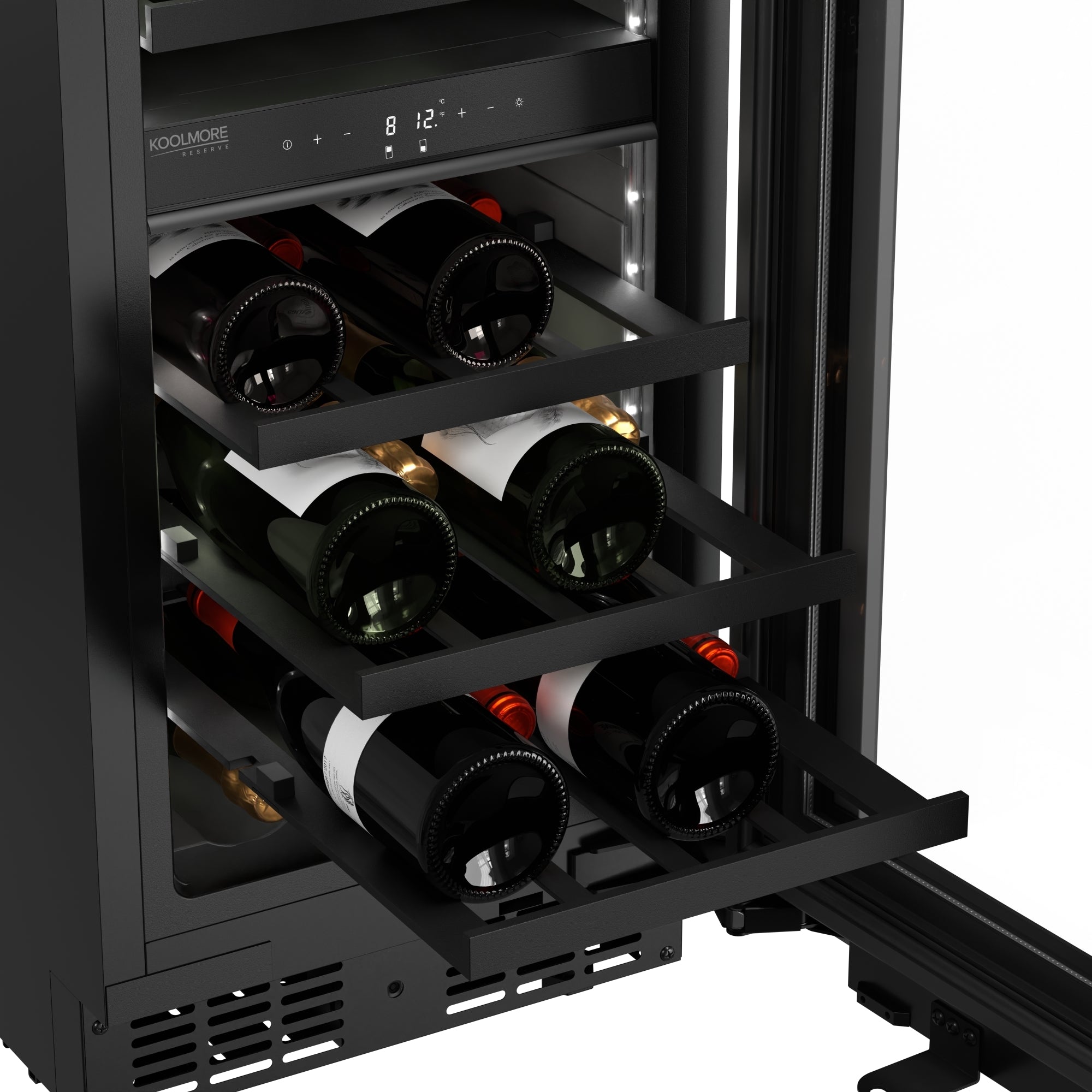 KoolMore Reserve 15 in. Under-Counter Panel Ready Dual Zone Built-in Wine Cooler with Black Shelves and 23 Bottle Capacity in Black