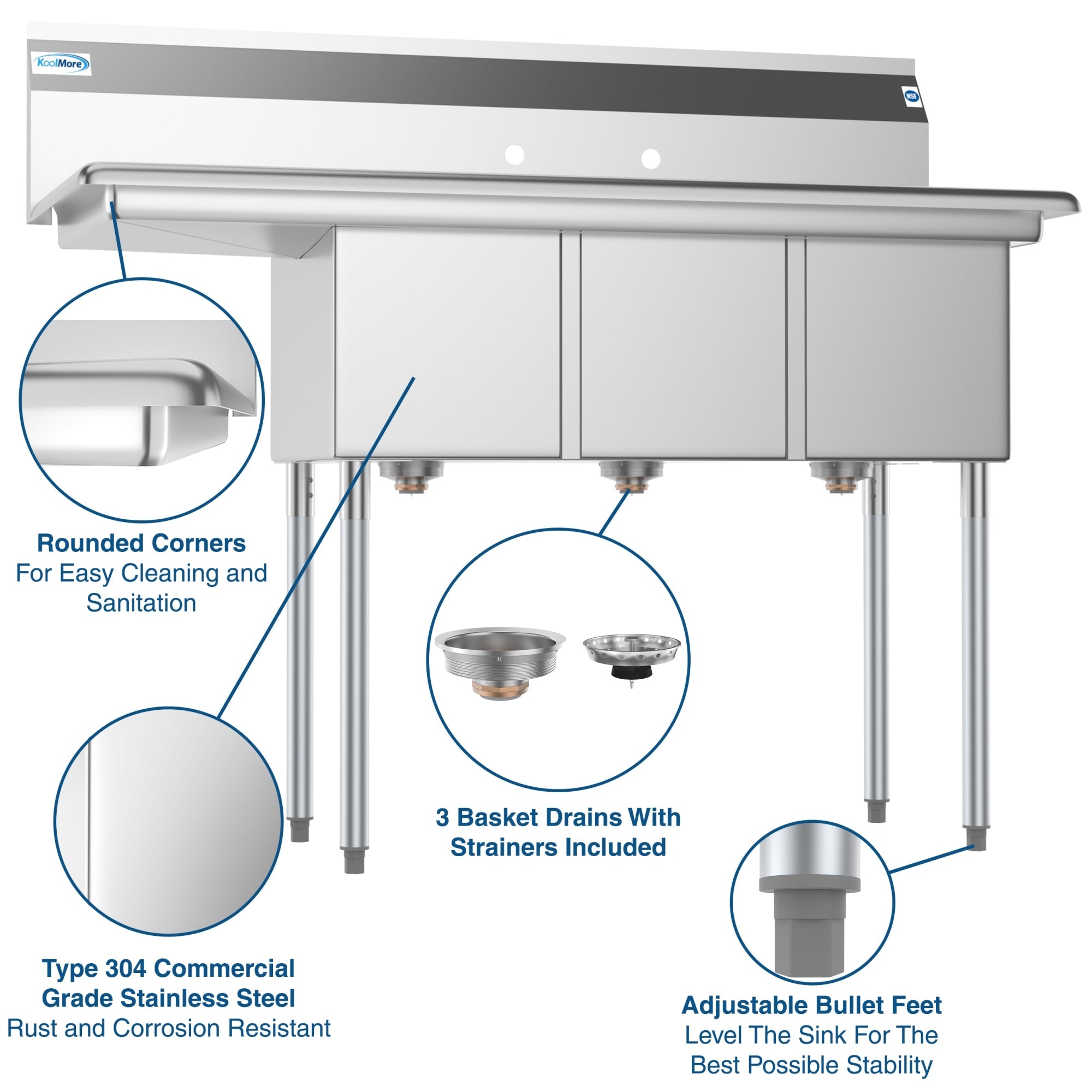 51 in. Three Compartment Stainless Steel Commercial Sink with Drainboard, Bowl Size 12"x 16"x 10"