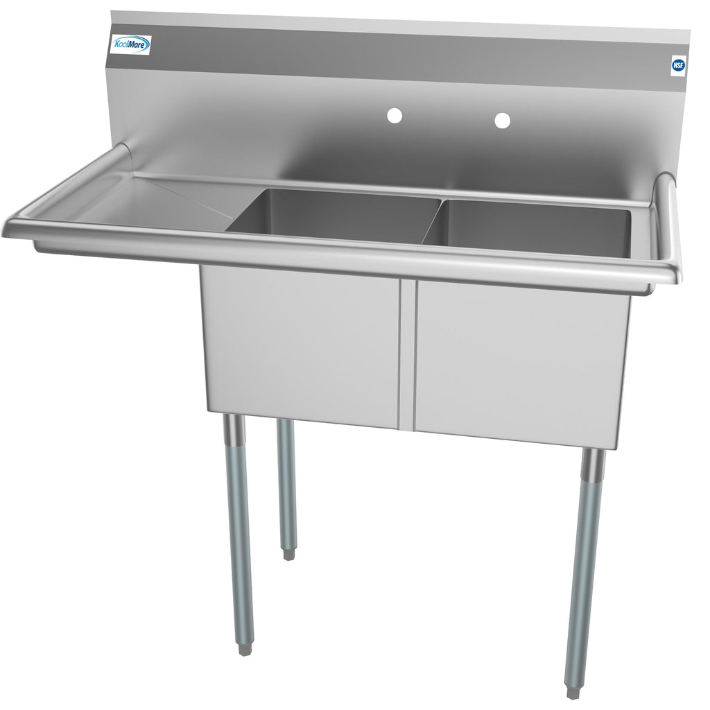 43 in. Two Compartment Stainless Steel Commercial Sink with Drainboard, Bowl Size 14"x 16"x 11"