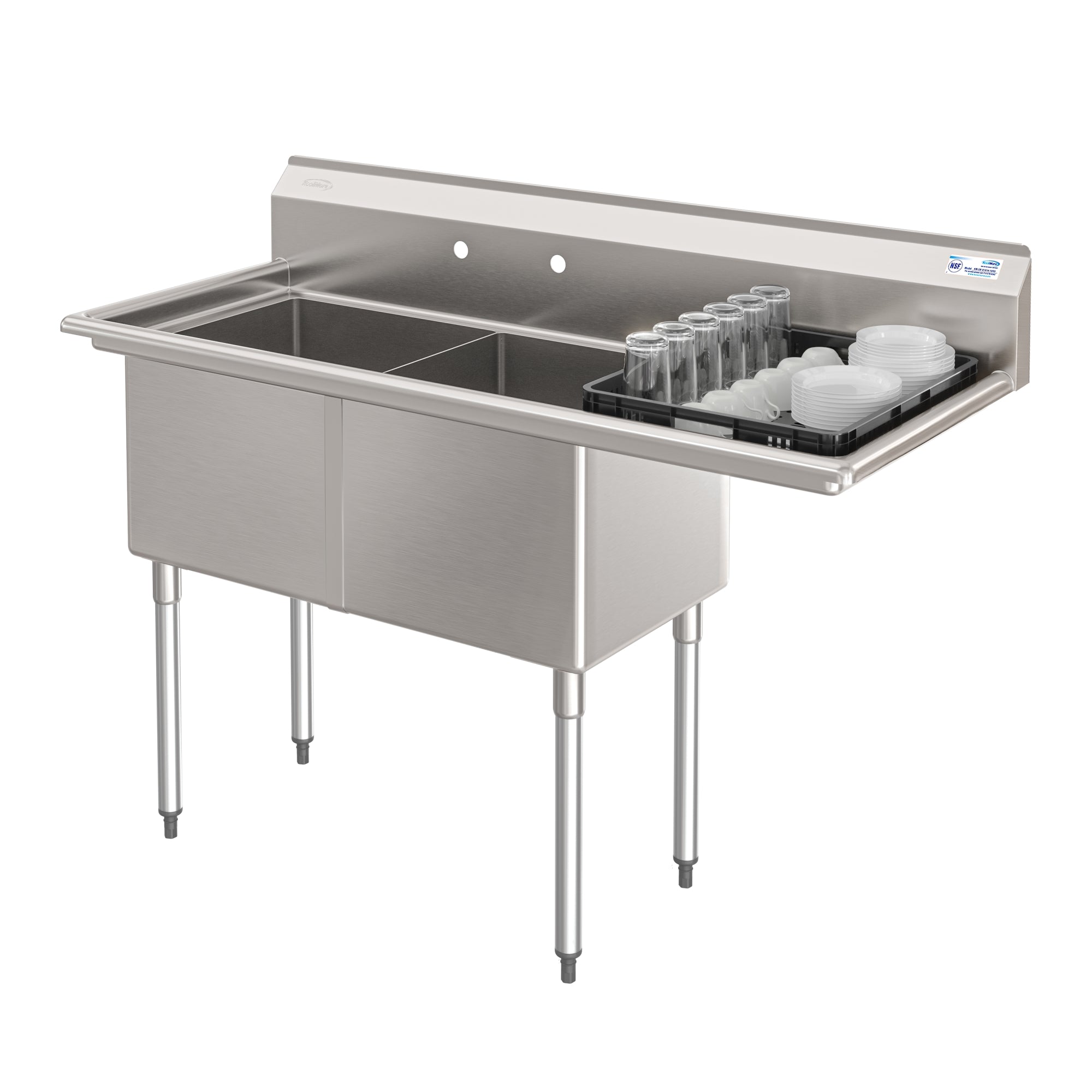 57 in. 18-Gauge 2-Compartment Commercial Sink with Backsplash and 18 in. Right Drainboard, Bowl Dimensions 18"x18"x14" in Stainless-Steel