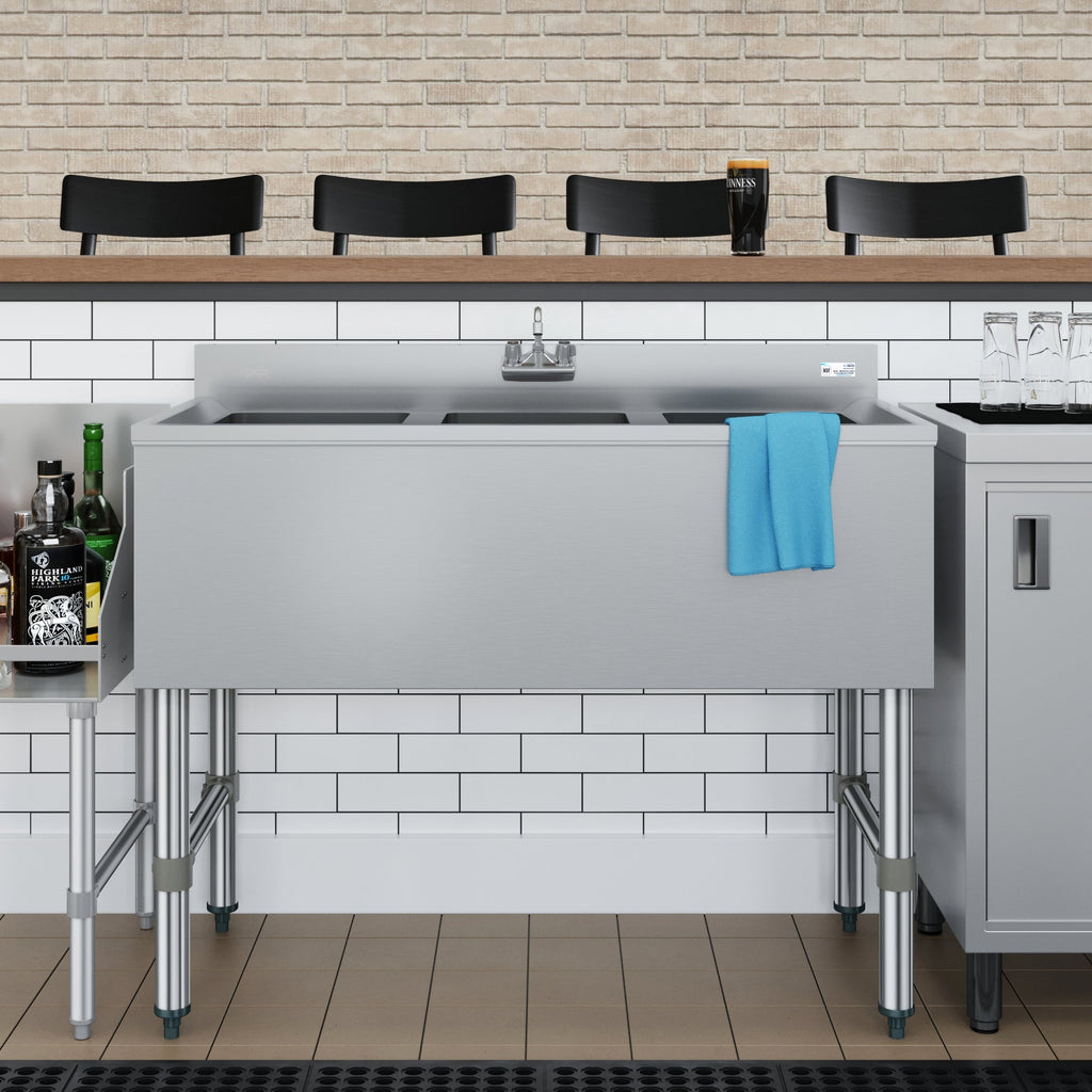 38 in. Three-Compartment Commercial Bar Sink with 3 in. Backsplash and Low Lead Faucet, NSF Certified in Stainless Steel