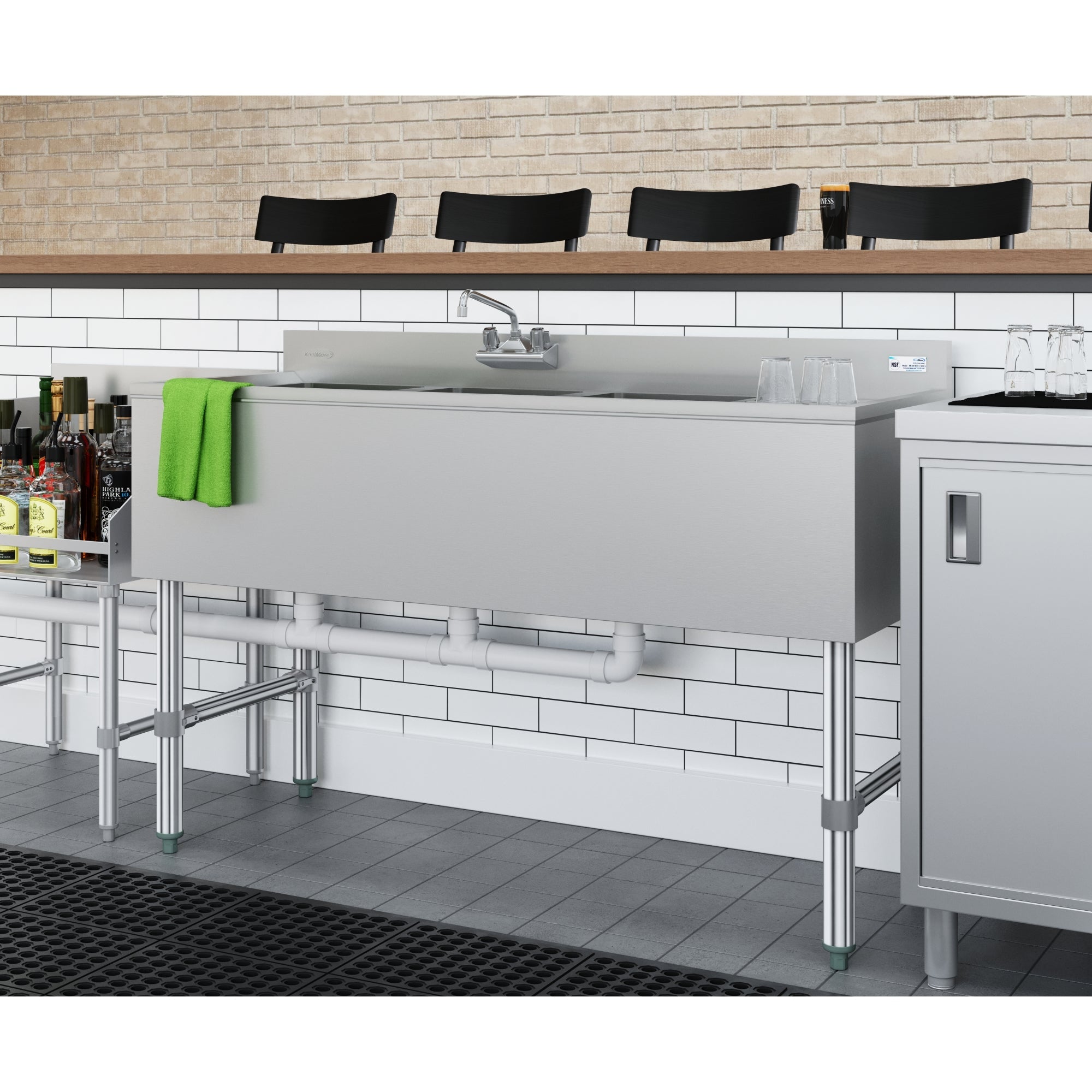 48 in. Three-Compartment Commercial Under-Bar Sink with 3 in. Backsplash, Right Drainboard and Low Lead Faucet, NSF Certified in Stainless Steel