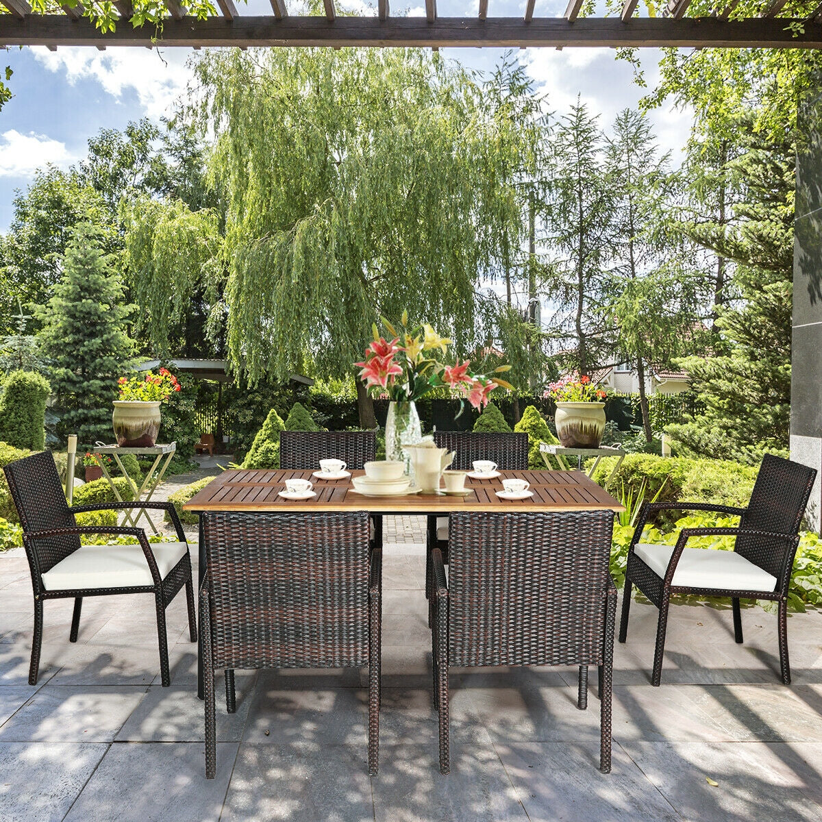 Costway 7-Pc Patio Rattan Cushioned Dining Set w/ Umbrella Hole 39746208 New