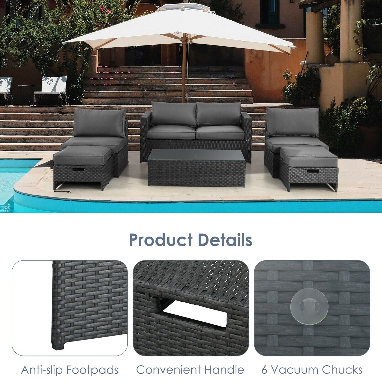 Costway 6-Piece Patio Rattan Sofa Furniture Set Glass Table Cushioned Gray 24567109 New