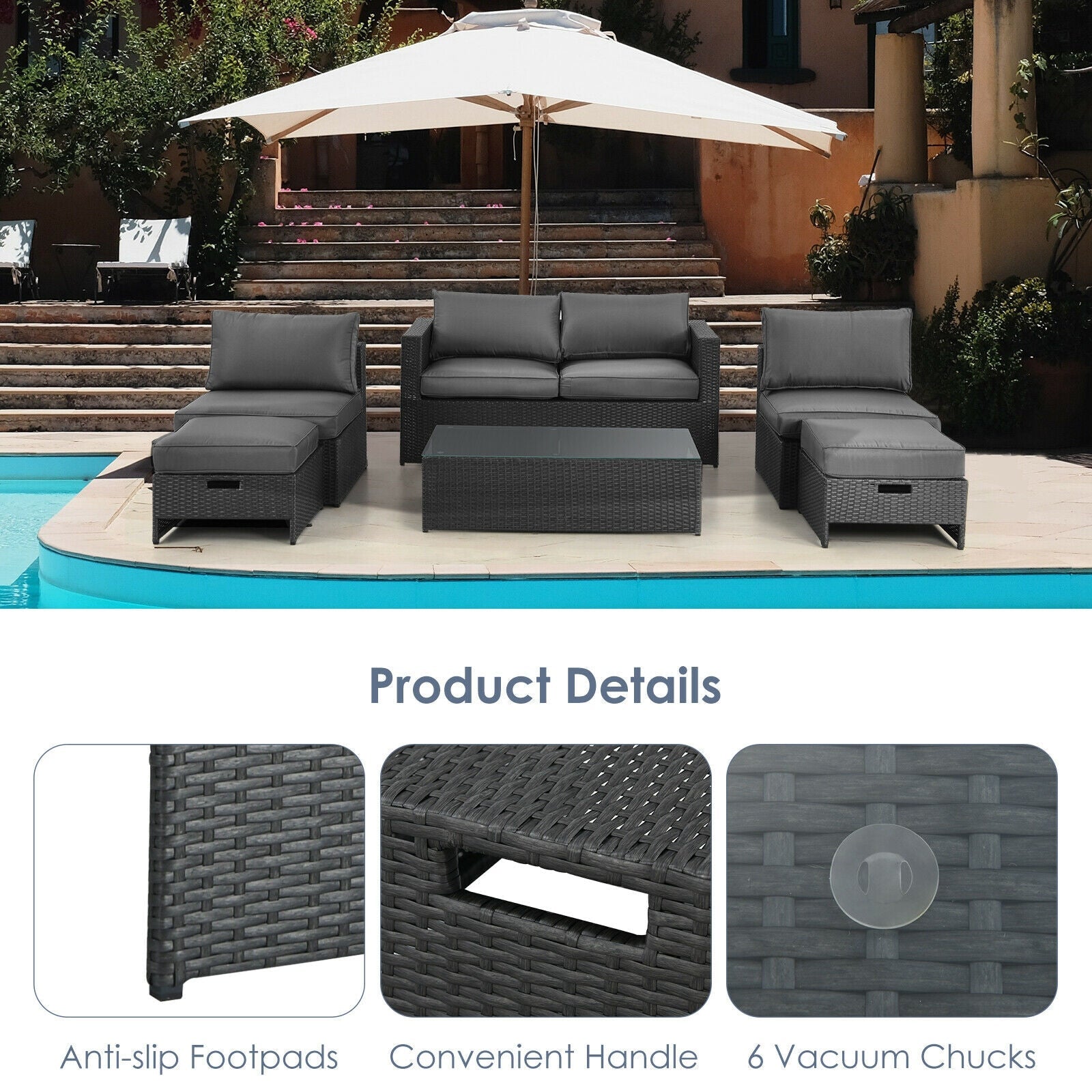 Costway 6-Piece Patio Rattan Sofa Furniture Set Glass Table Cushioned Gray 24567109 New