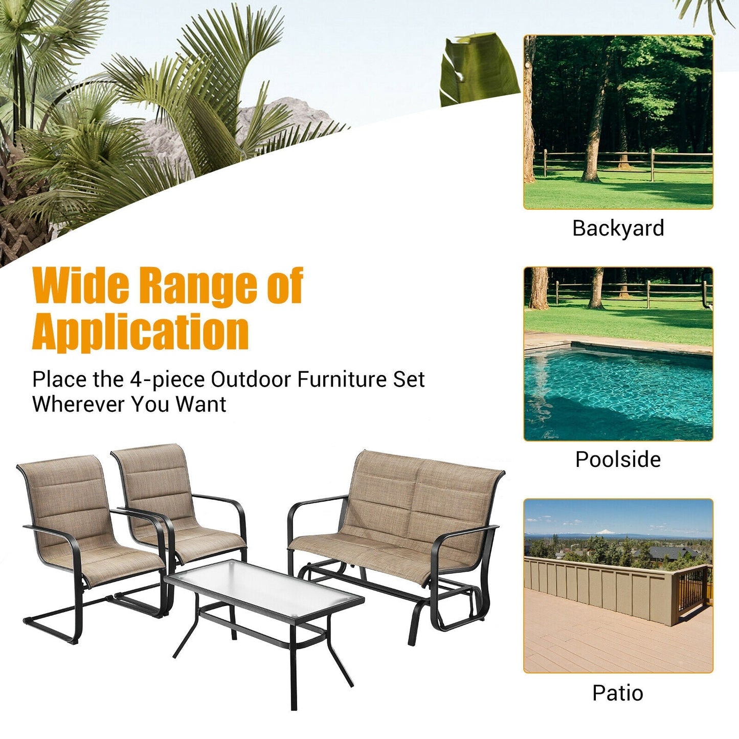 Costway 4-Piece Outdoor Patio Furniture Set Padded Glider Loveseat Coffee Table Brown 16735904 New