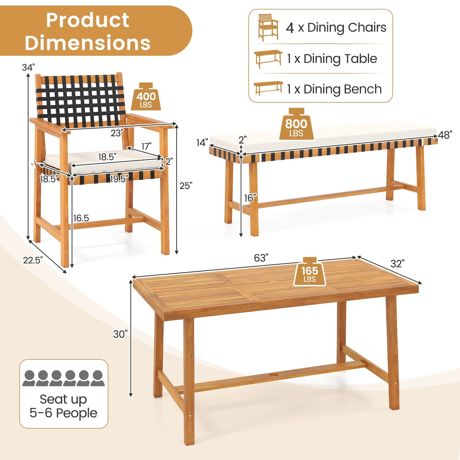 Costway 6-Piece Patio Dining Set for 5-6 People Farmhouse 99228616 New