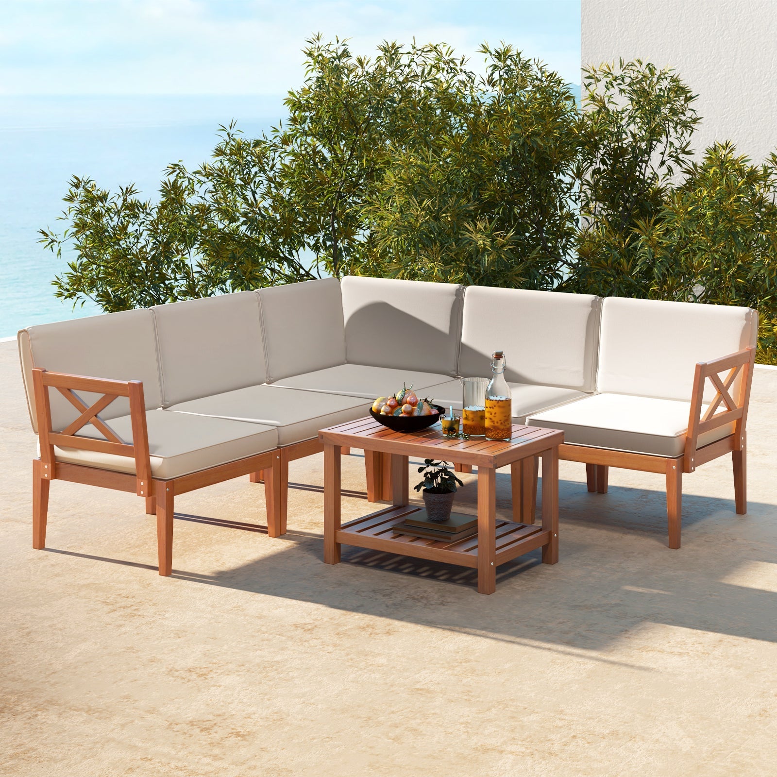 Costway 6-Piece Acacia Wood Patio Furniture Set with Cushions & 2-Tier Coffee Table White 47296351 New
