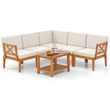 Costway 6-Piece Acacia Wood Patio Furniture Set with Cushions & 2-Tier Coffee Table White 47296351 New
