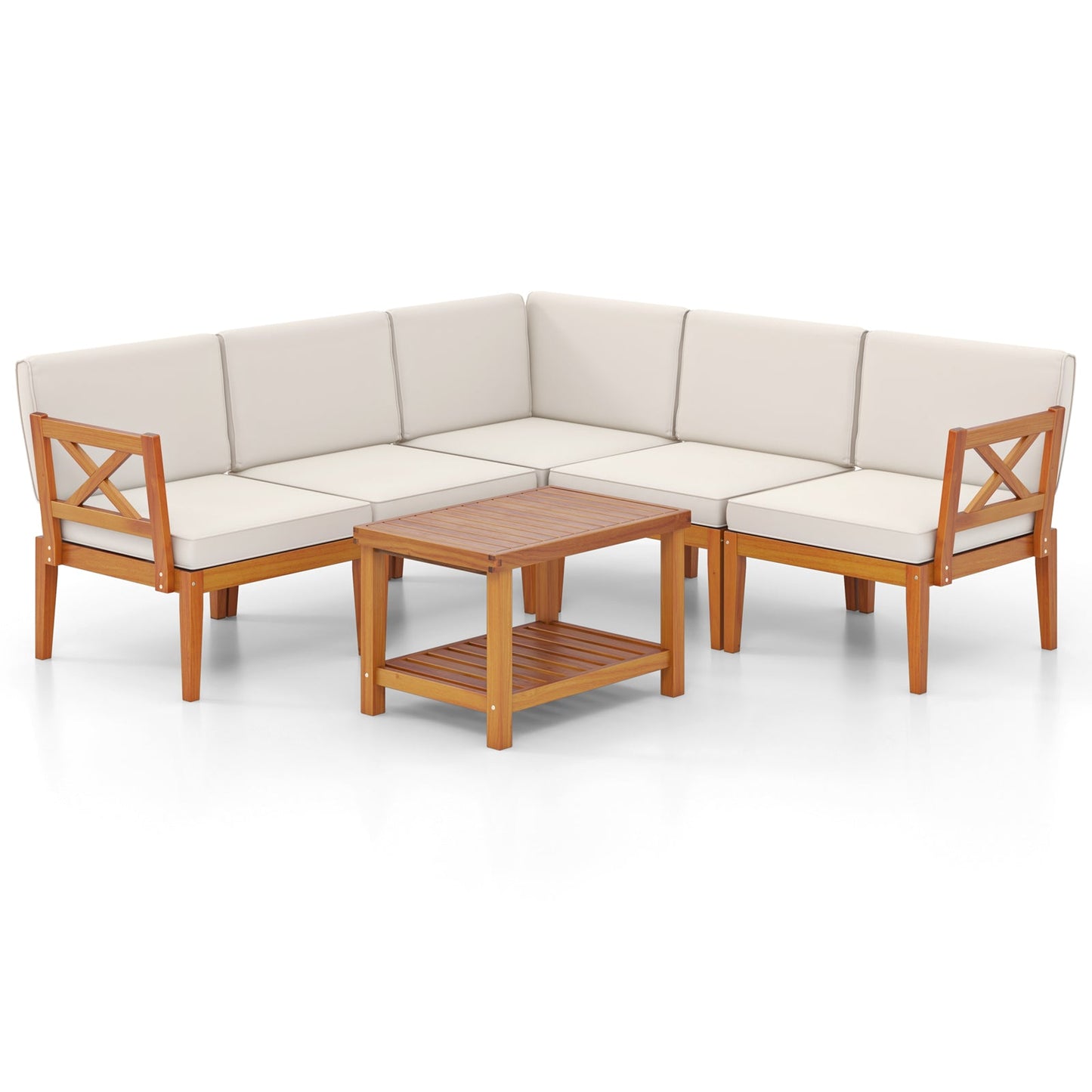 Costway 6-Piece Acacia Wood Patio Furniture Set with Cushions & 2-Tier Coffee Table White 47296351 New