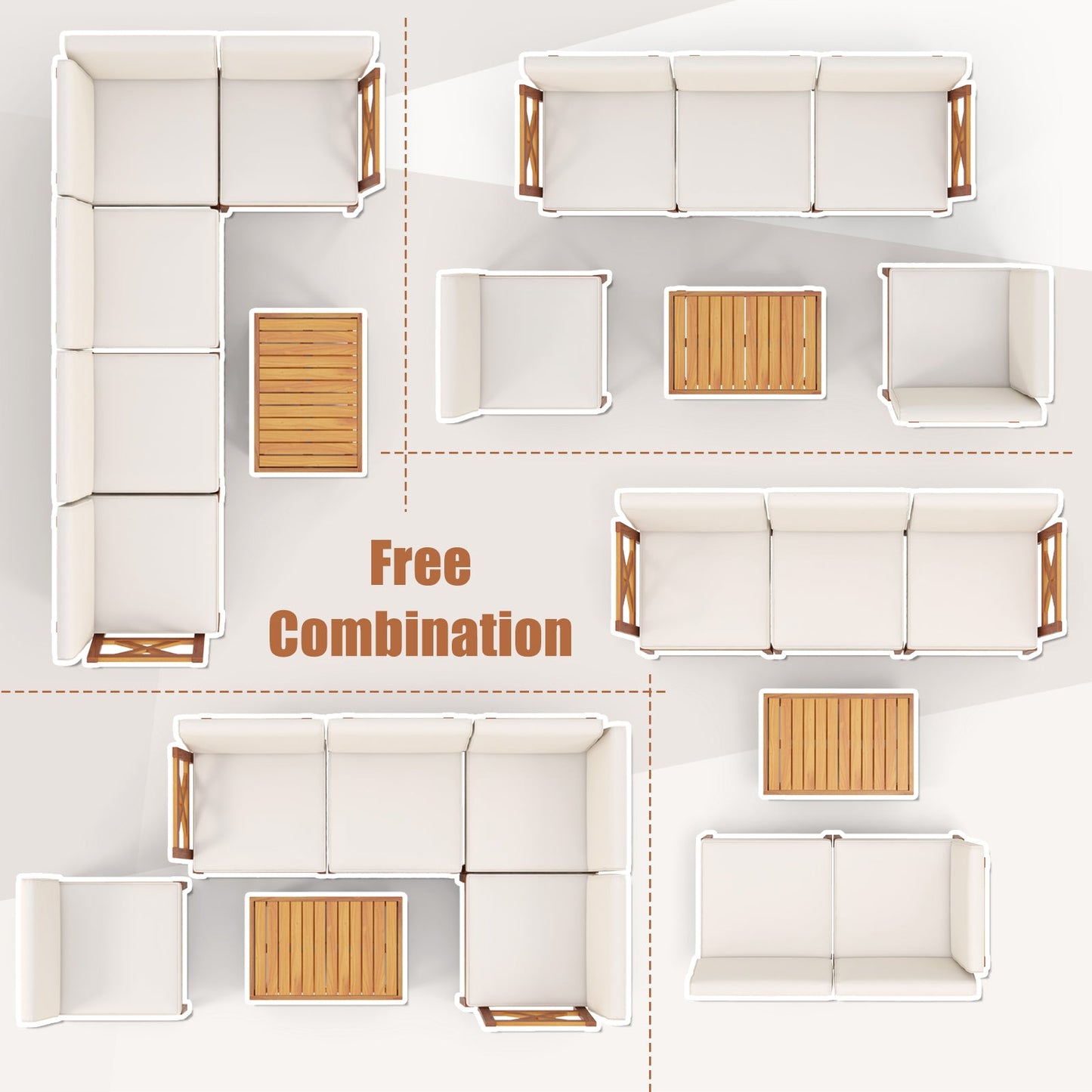 Costway 6-Piece Acacia Wood Patio Furniture Set with Cushions & 2-Tier Coffee Table White 47296351 New