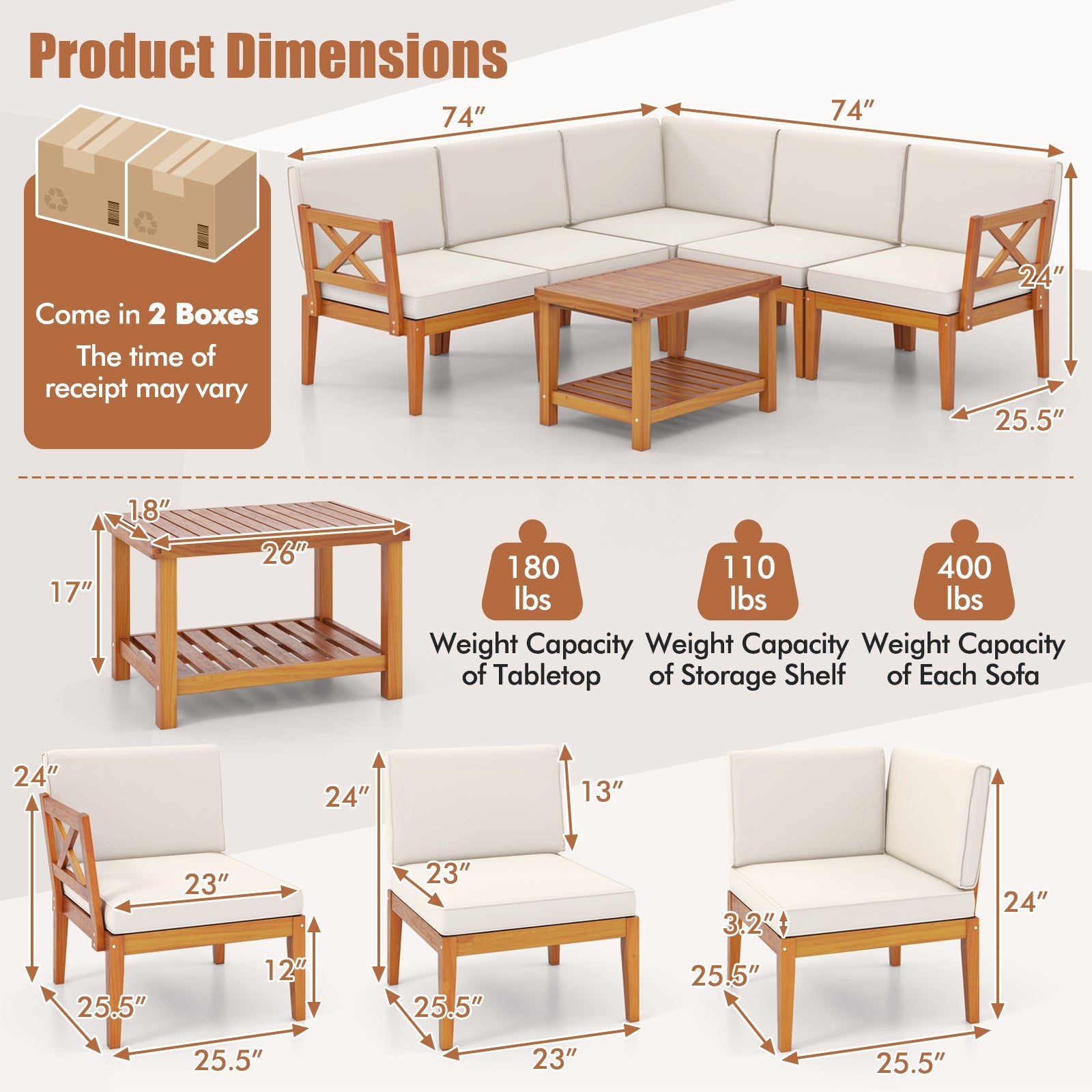 Costway 6-Piece Acacia Wood Patio Furniture Set with Cushions & 2-Tier Coffee Table White 47296351 New