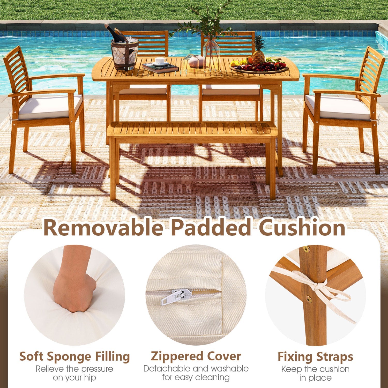 Costway 6-Piece Outdoor Acacia Wood Dining Set w/ Umbrella Hole 44828249 New
