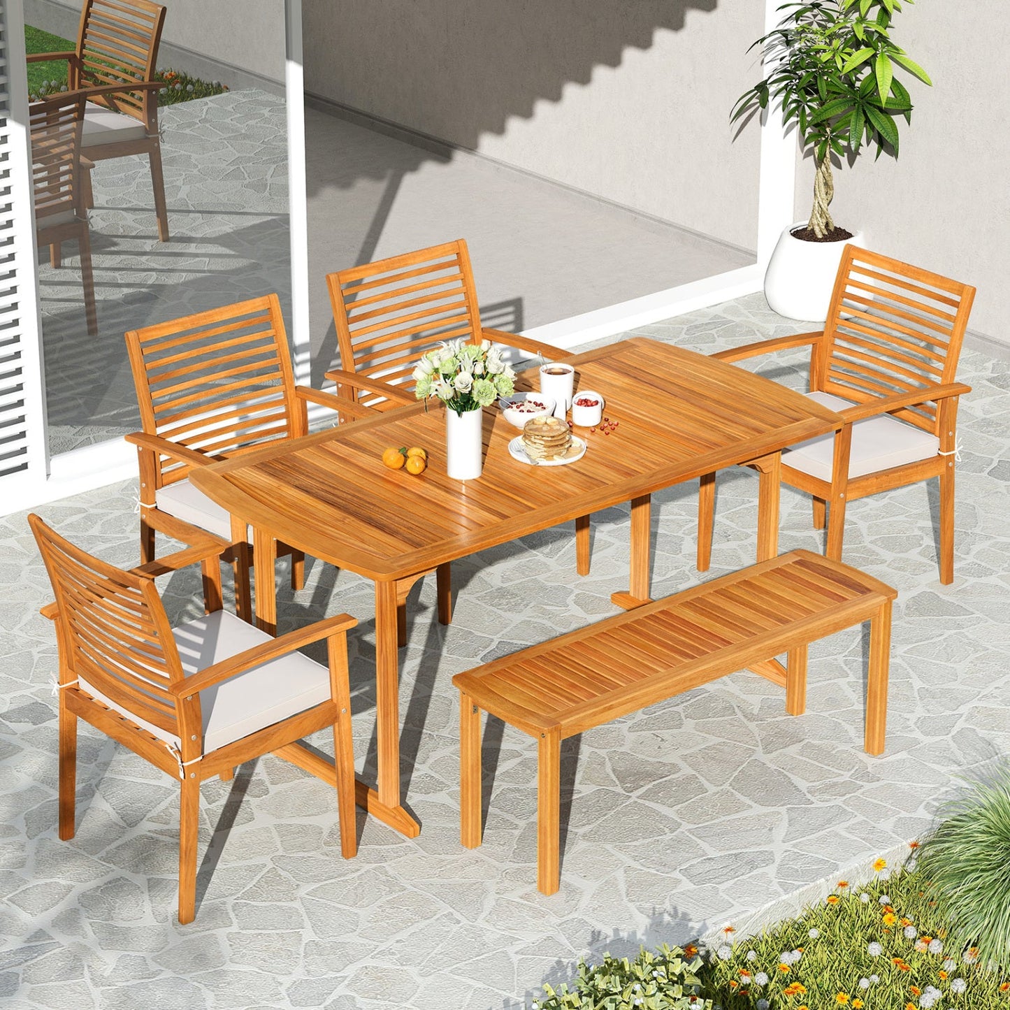 Costway 6-Piece Outdoor Acacia Wood Dining Set w/ Umbrella Hole 44828249 New