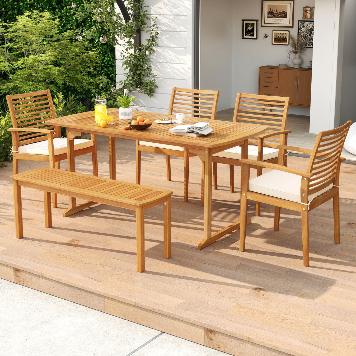Costway 6-Piece Outdoor Acacia Wood Dining Set w/ Umbrella Hole 44828249 New