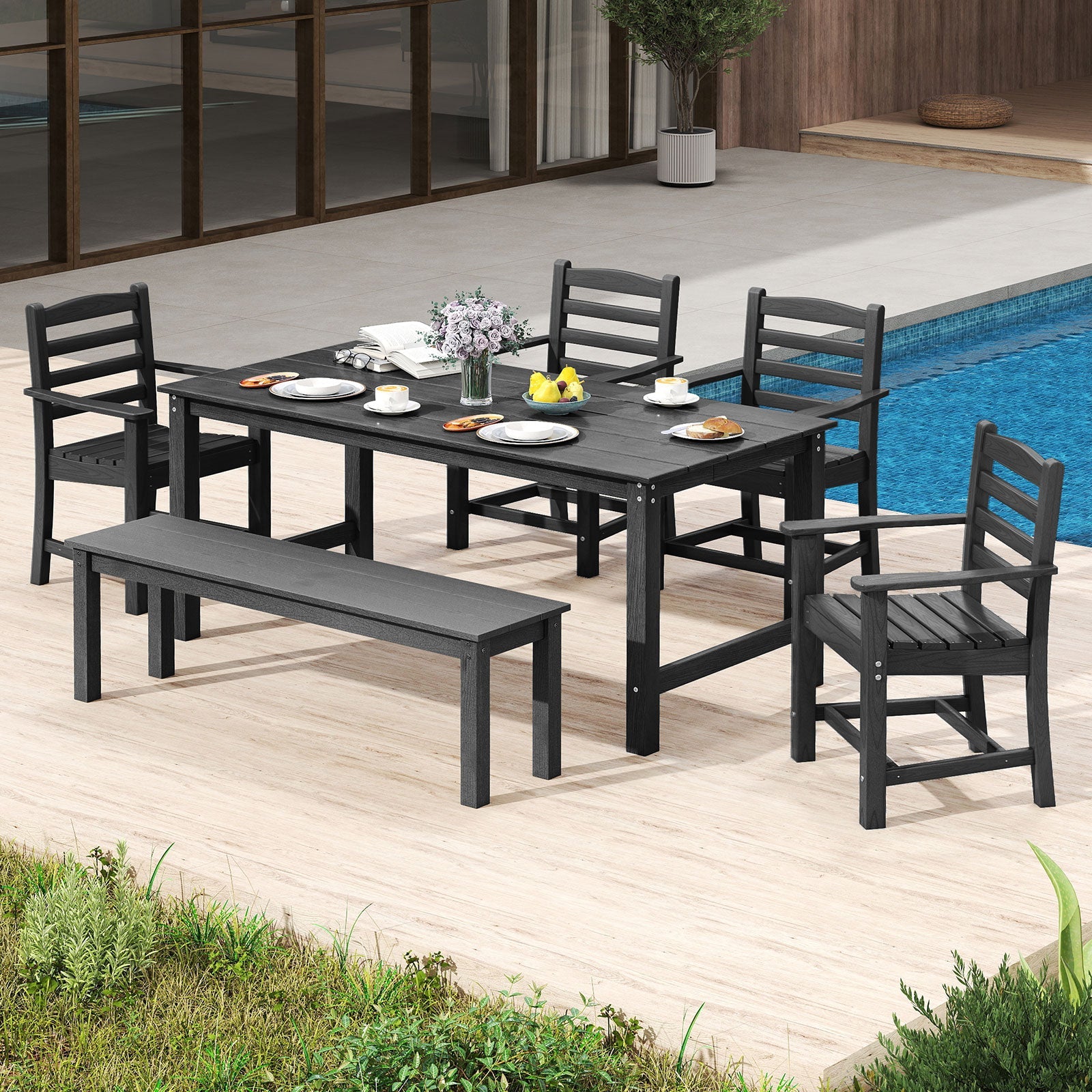 Costway 6-Pc Outdoor Patio Dining Bench Set HDPE Weather Resistant 34113101 New