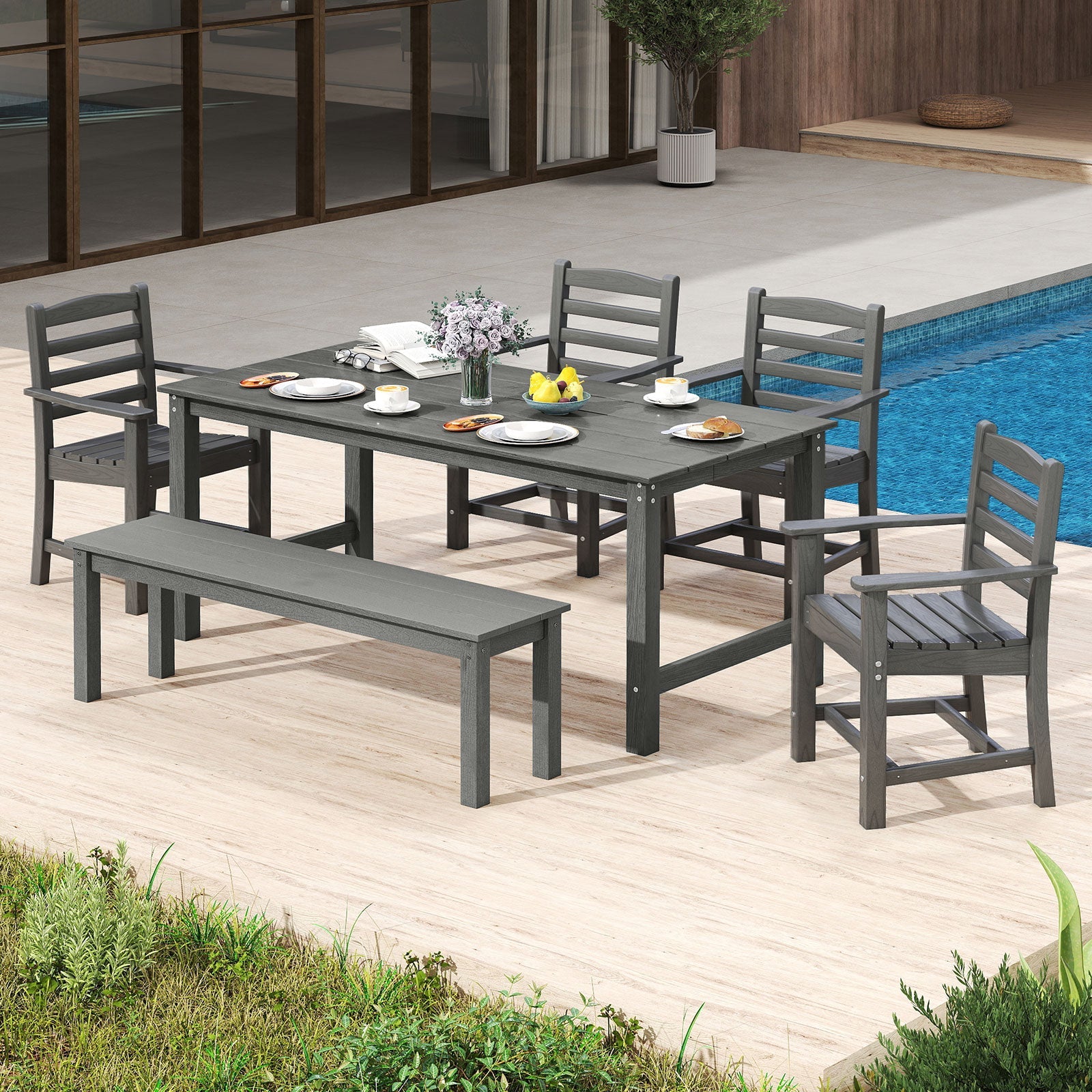 Costway 6-Pc Outdoor Patio Dining Bench Set HDPE Weather Resistant 34113101 New