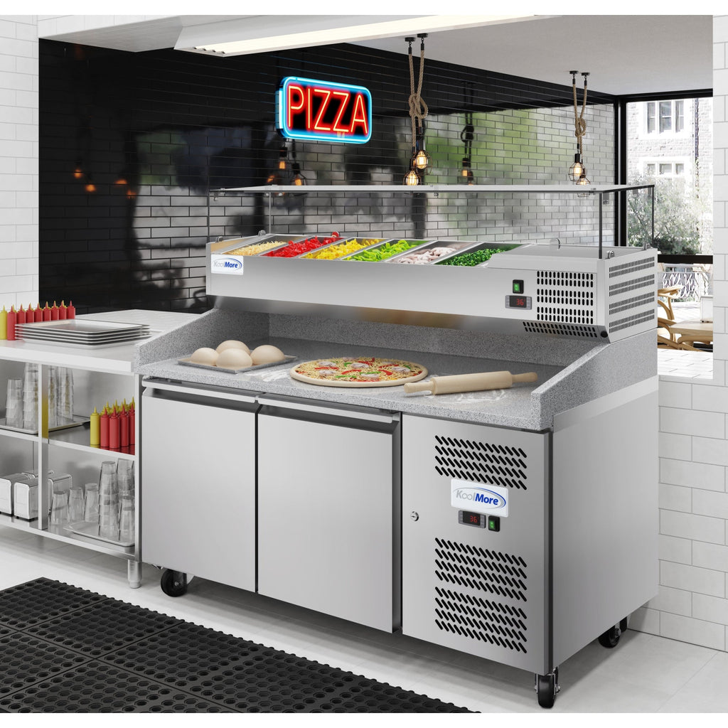 59 in. Commercial Refrigerated Granite Top Pizza Prep Station with Stainless Steel Refrigerated Condiment Pan Holder