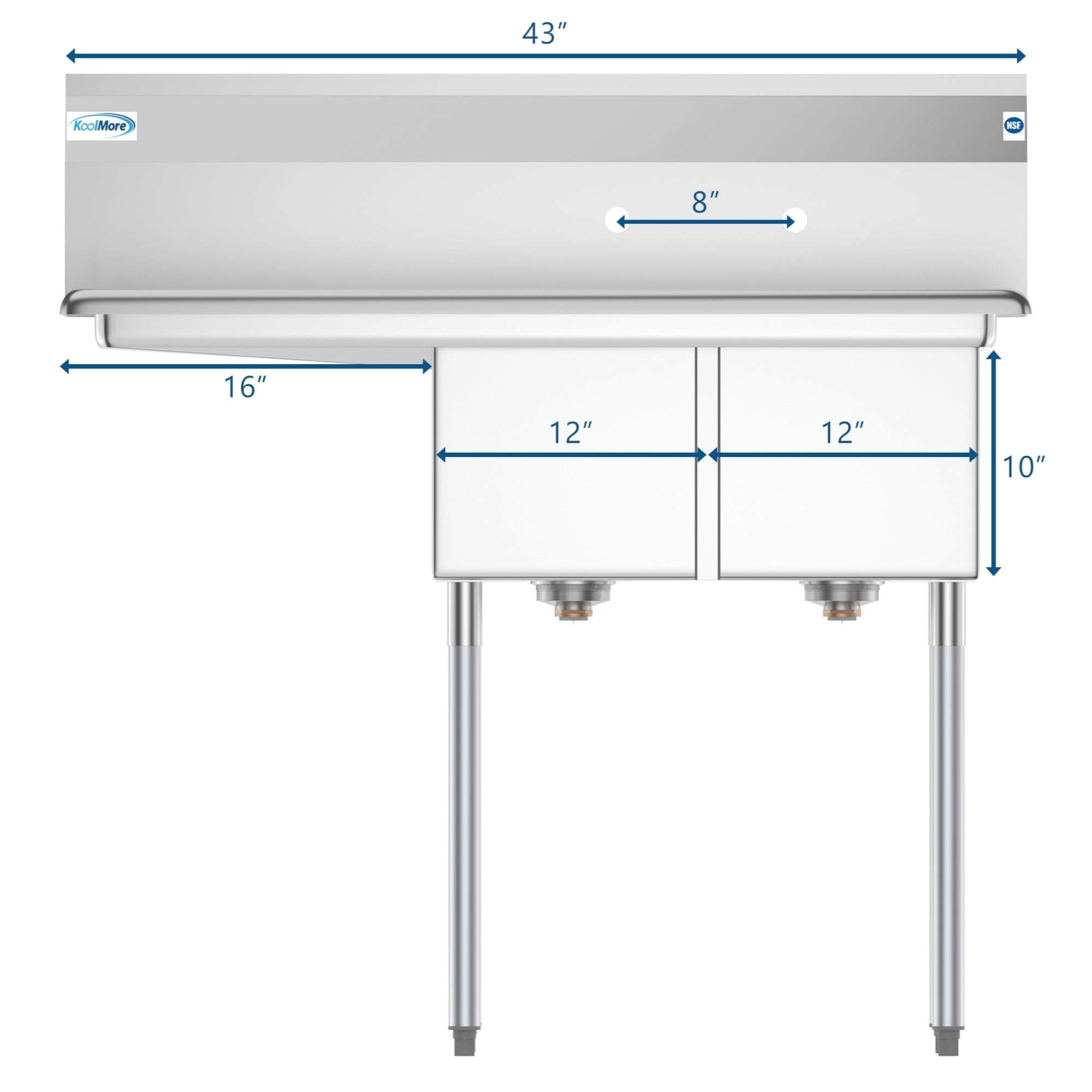 43 in. Two Compartment Stainless Steel Commercial Sink with Drainboard, Bowl Size 12"x 16"x 10"