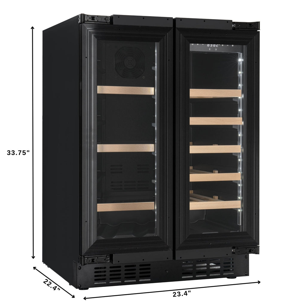 KoolMore Reserve 24 in. French Door Dual Zone Panel Ready Under-Counter Cooler with Wooden Shelves and 20 Bottle Capacity in the Right Zone and 2.1 Cu. Ft. on the Left in Black