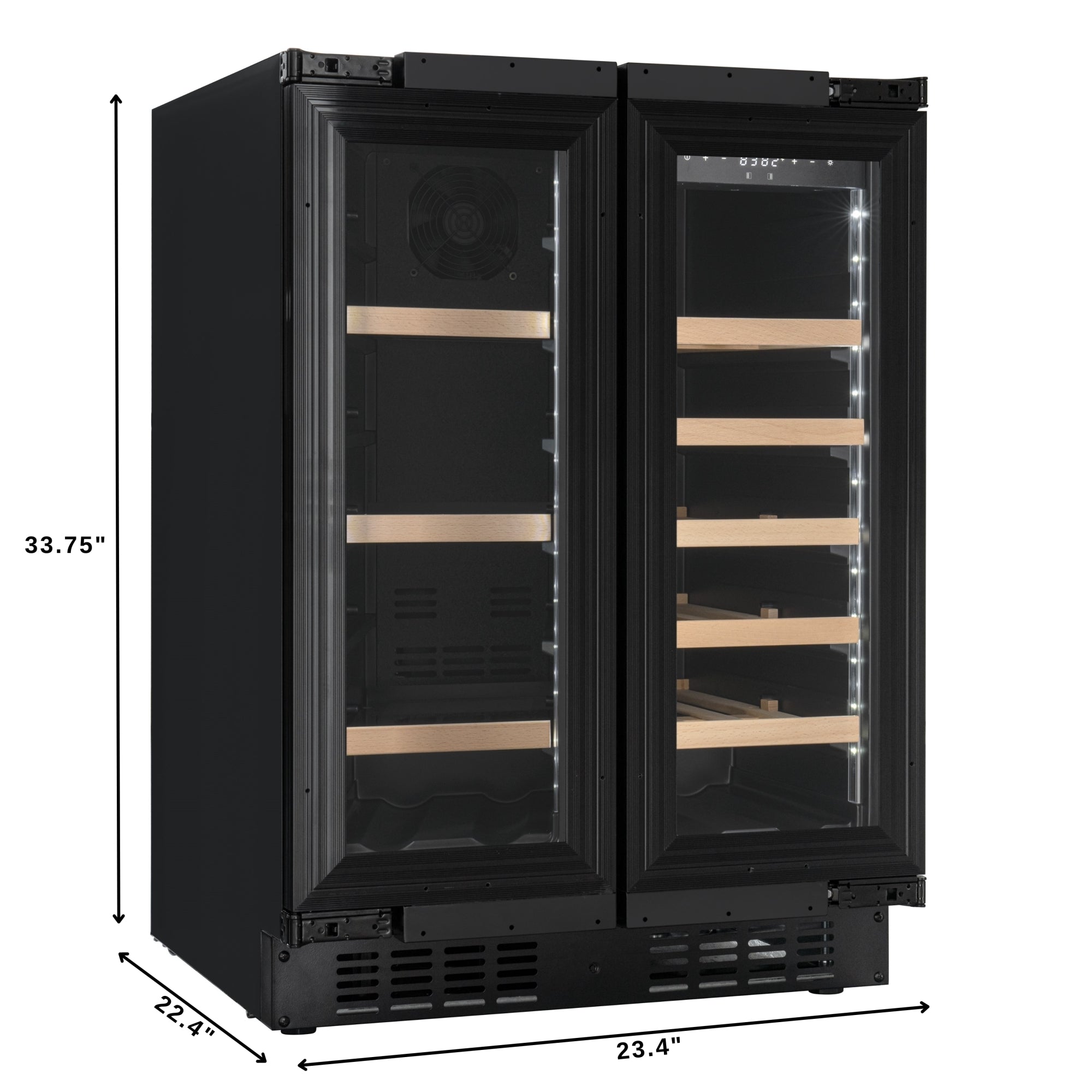 KoolMore Reserve 24 in. French Door Dual Zone Panel Ready Under-Counter Cooler with Wooden Shelves and 20 Bottle Capacity in the Right Zone and 2.1 Cu. Ft. on the Left in Black