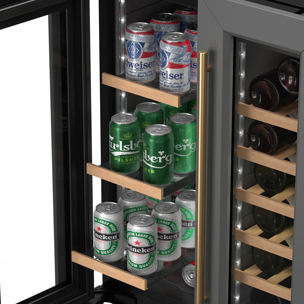 KoolMore Reserve 24 in. French Door Dual Zone Panel Ready Under-Counter Cooler with Wooden Shelves and 20 Bottle Capacity in the Right Zone and 2.1 Cu. Ft. on the Left in Black