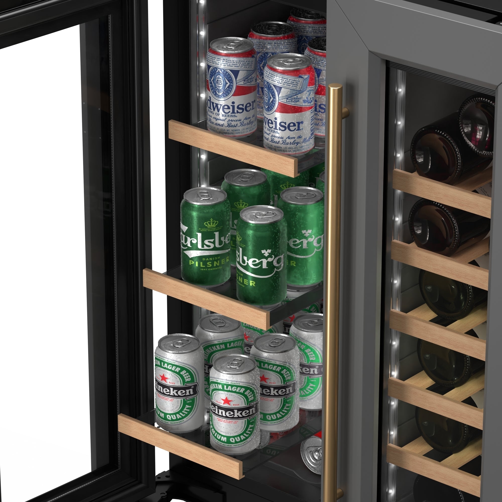 KoolMore Reserve 24 in. French Door Dual Zone Panel Ready Under-Counter Cooler with Wooden Shelves and 20 Bottle Capacity in the Right Zone and 2.1 Cu. Ft. on the Left in Black