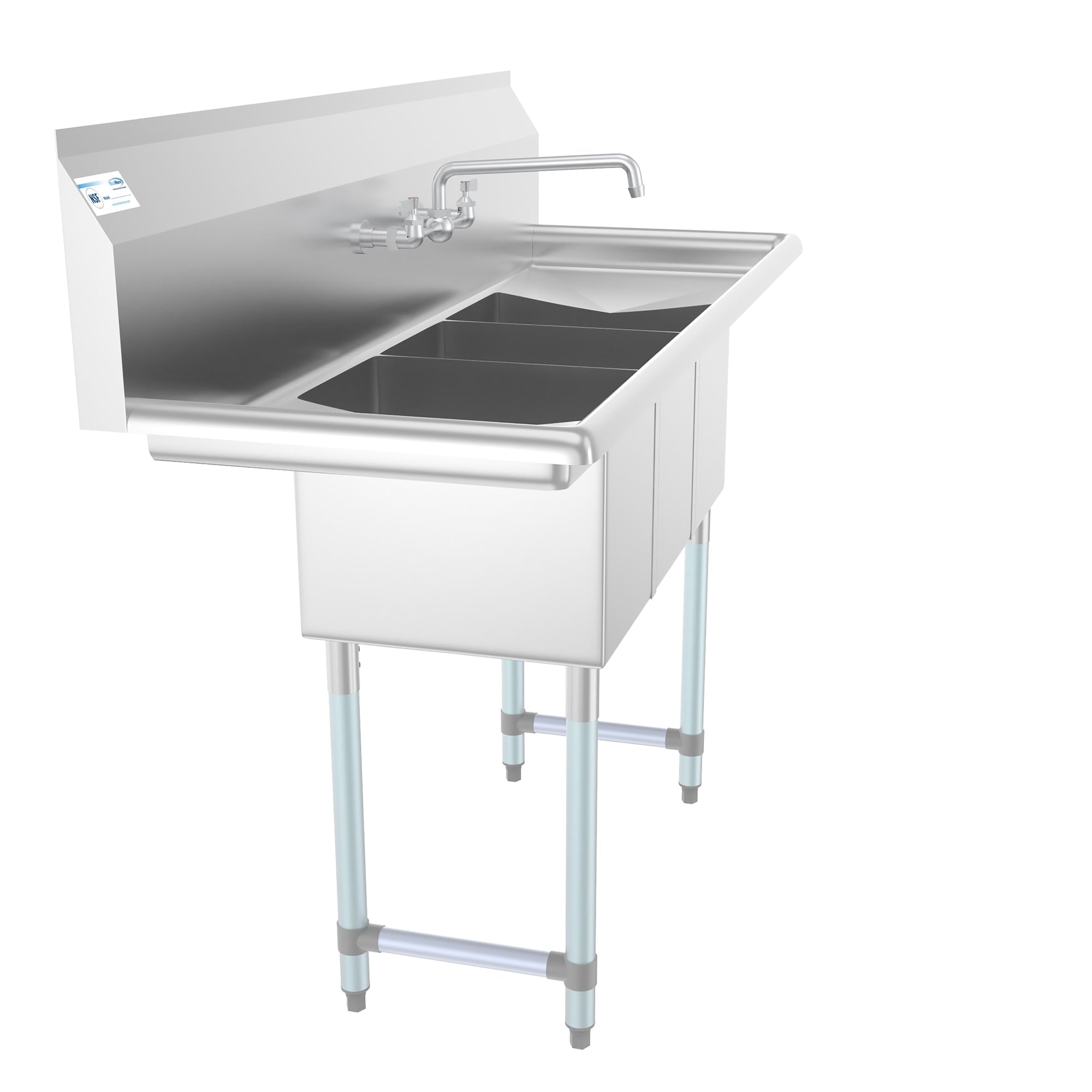 54 in. Three Compartment Stainless Steel Commercial Sink with Faucet and Drainboards, Bowl Size 10"x 10"x 14" SC101410-12B3FA .