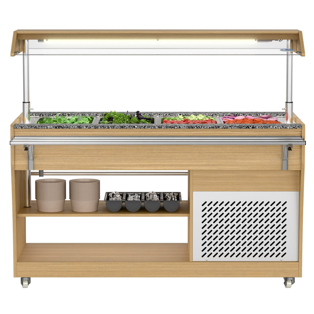 59 in. Commercial Refrigerated Buffet Table with Capacity for 4 Full-Size GN Pans, Featuring Adjustable Cover, a Serving Rail and 4 Lockable Casters in Wooden Finish