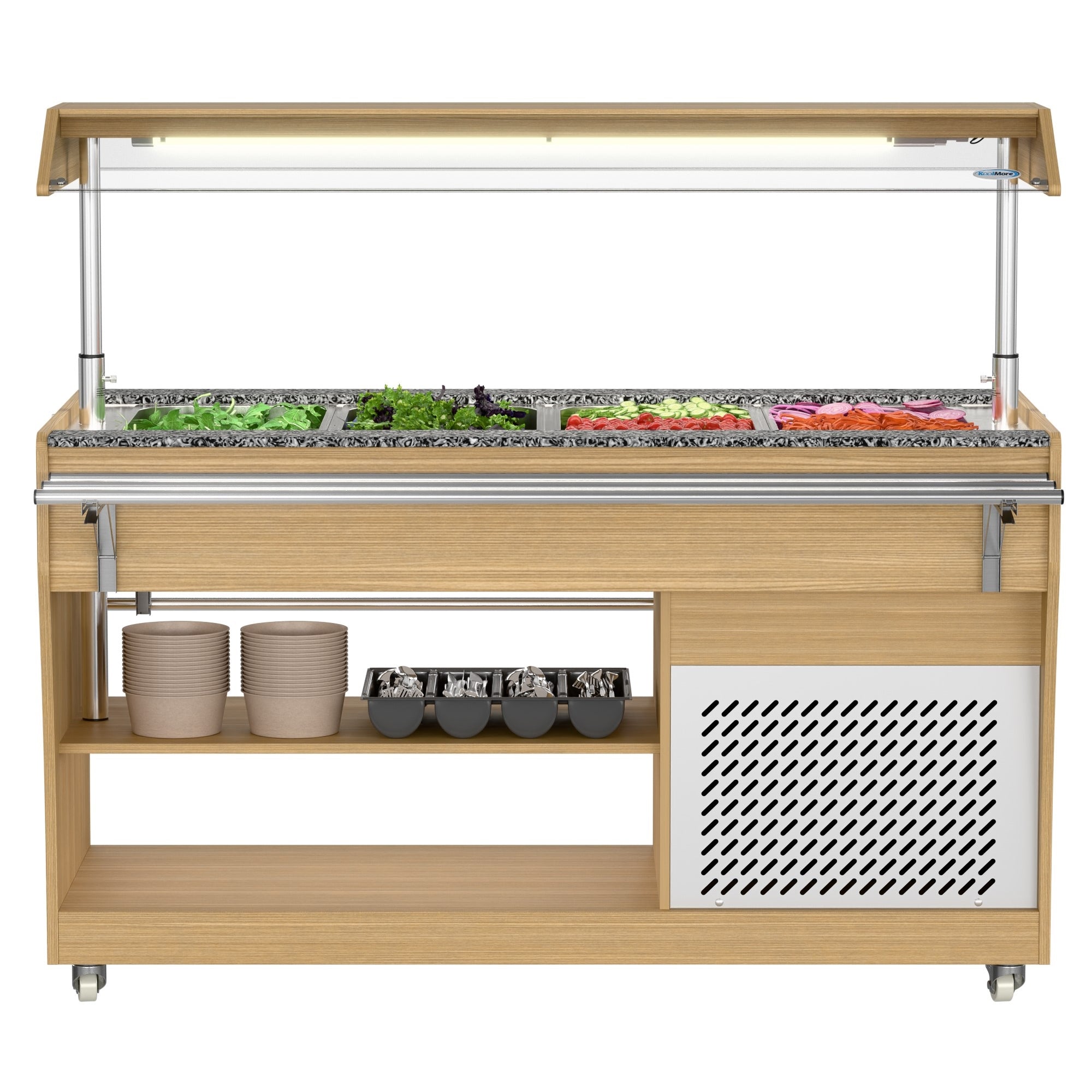 59 in. Commercial Refrigerated Buffet Table with Capacity for 4 Full-Size GN Pans, Featuring Adjustable Cover, a Serving Rail and 4 Lockable Casters in Wooden Finish