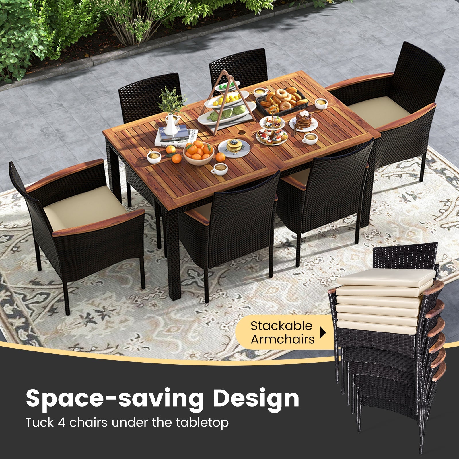 Costway 7-Pc Rattan Patio Dining Set Stackable Chairs Umbrella Hole 84925367 New