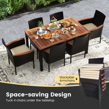 Costway 7-Pc Rattan Patio Dining Set Stackable Chairs Umbrella Hole 84925367 New